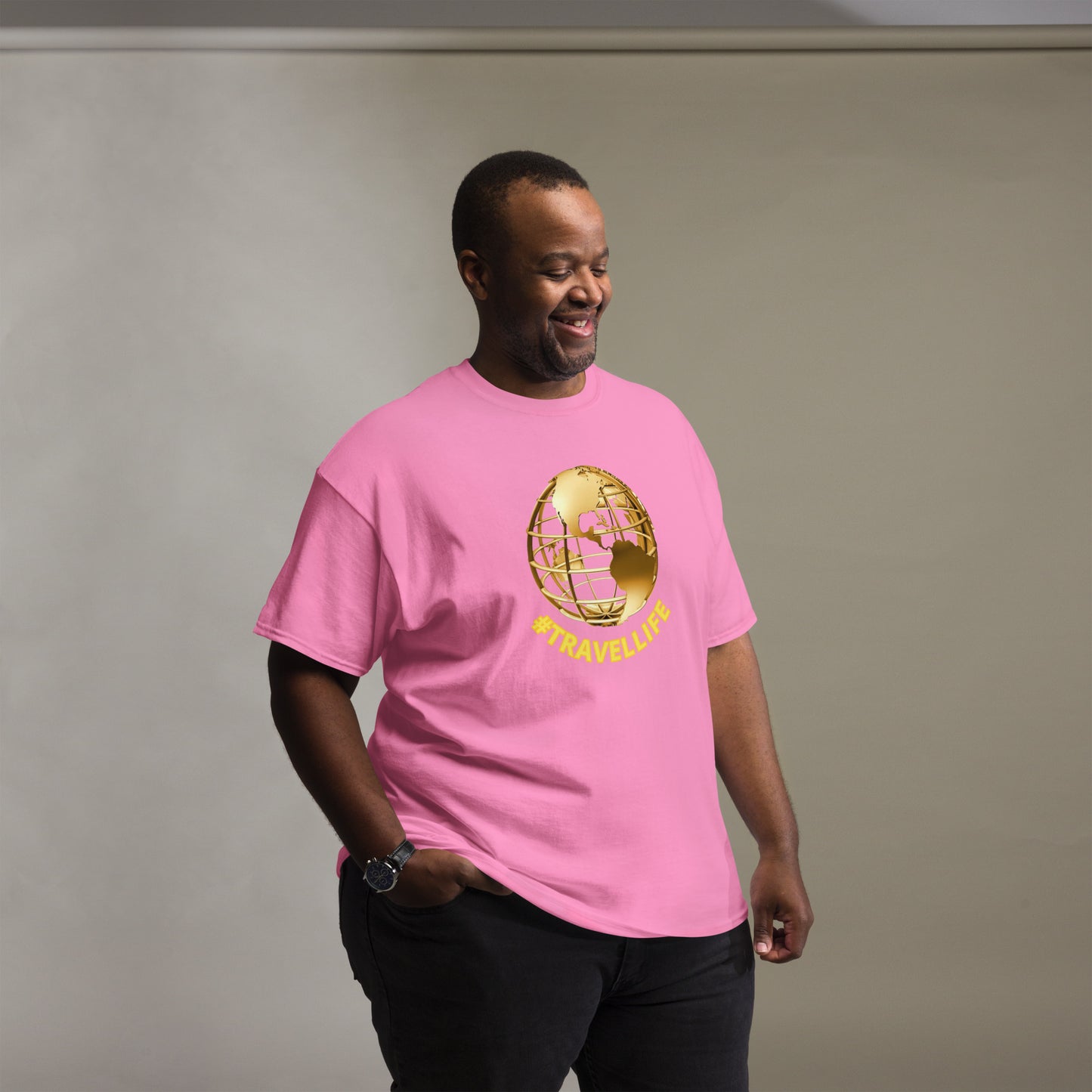 #Travellife World Men's Classic Tee Gold Text 2X+