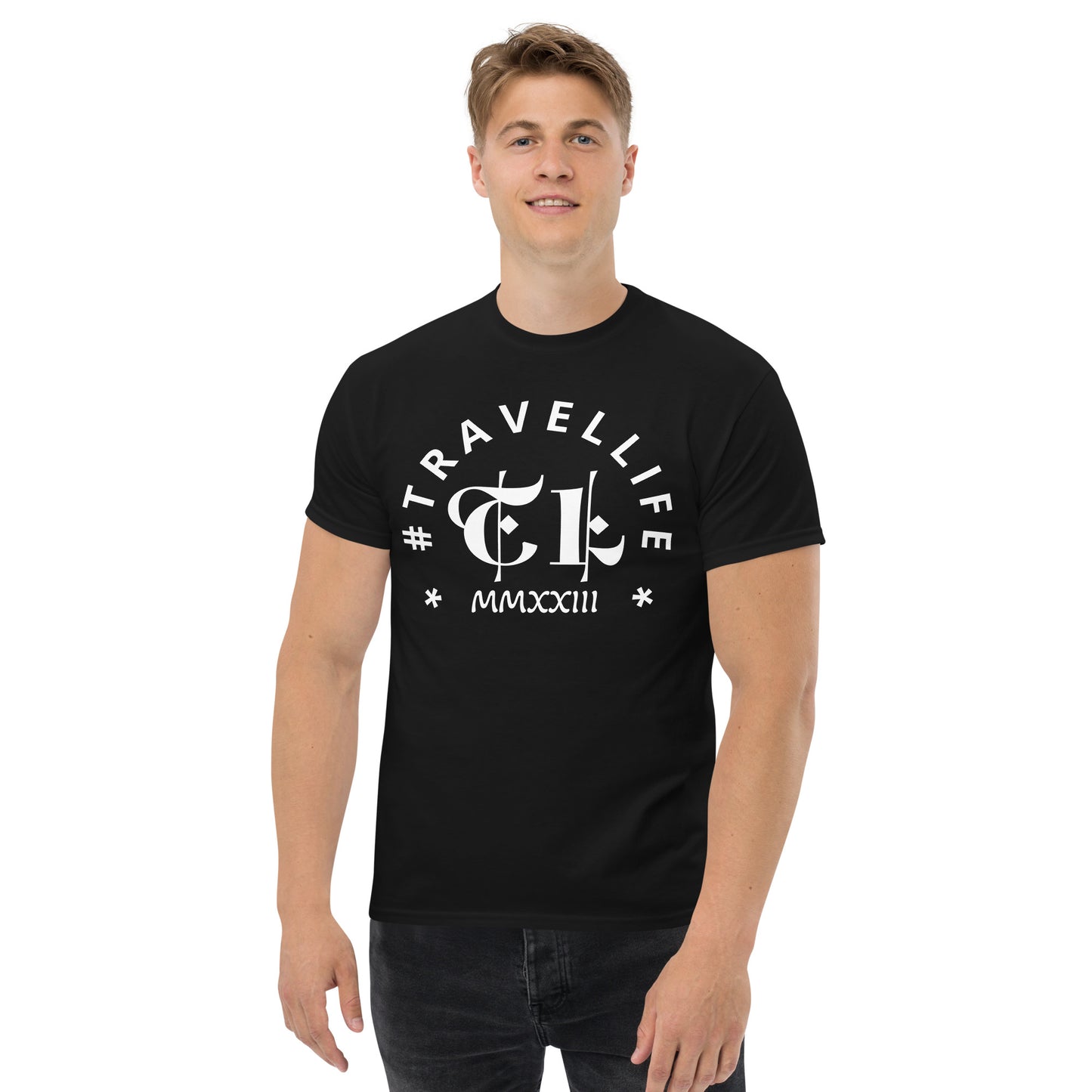 #Travellife Arc TL Logo Roman 2023 Men's Classic Tee White Text
