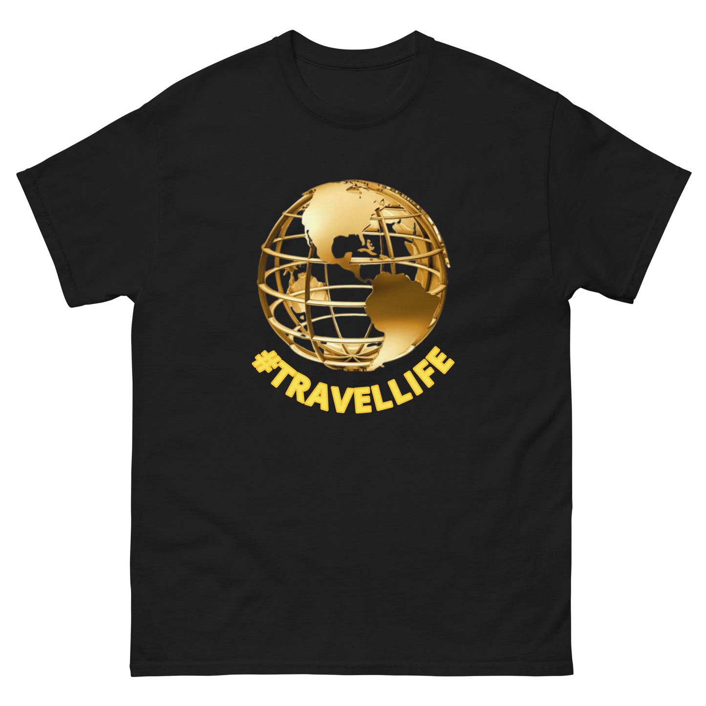 #Travellife World Men's Classic Tee Gold Text