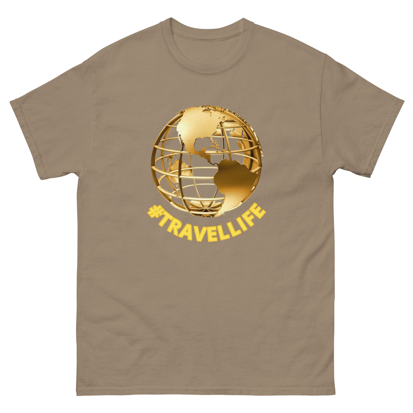 #Travellife World Men's Classic Tee Gold Text