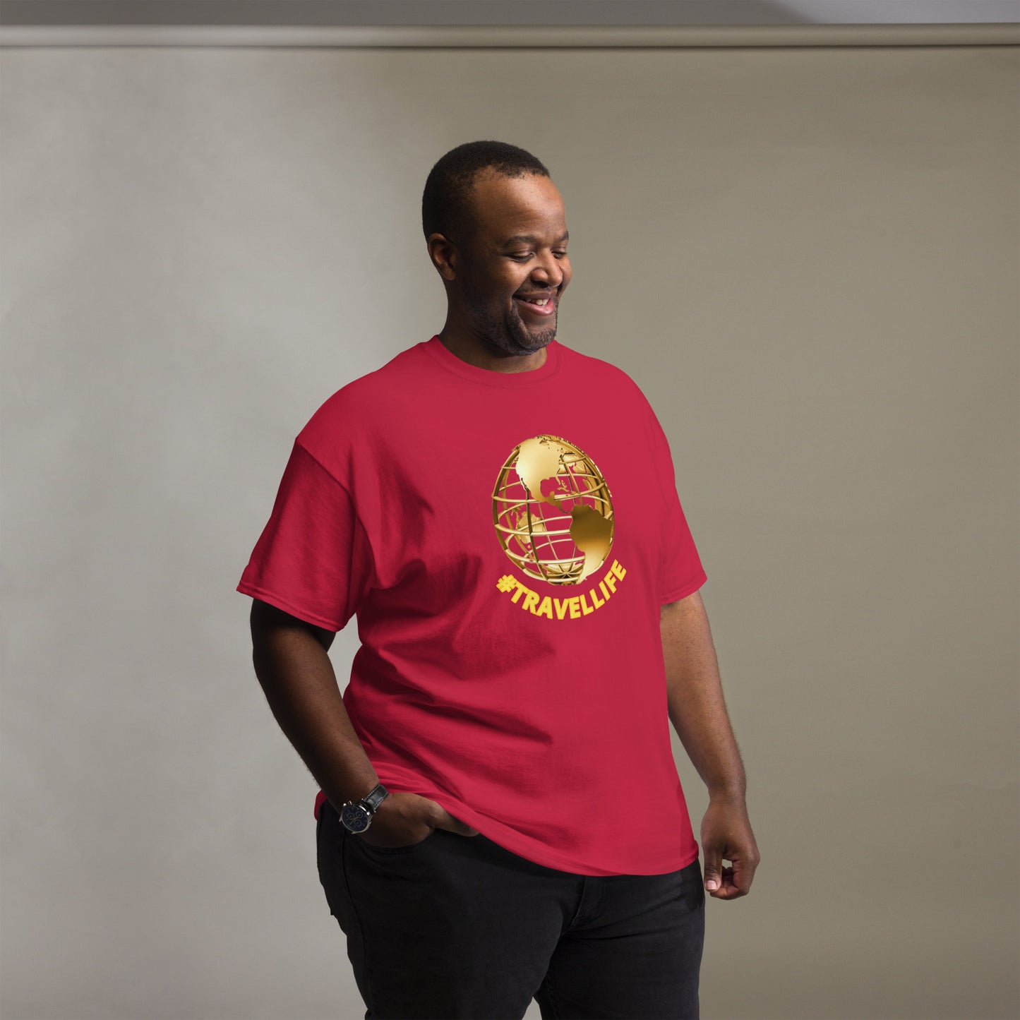 #Travellife World Men's Classic Tee Gold Text 2X+