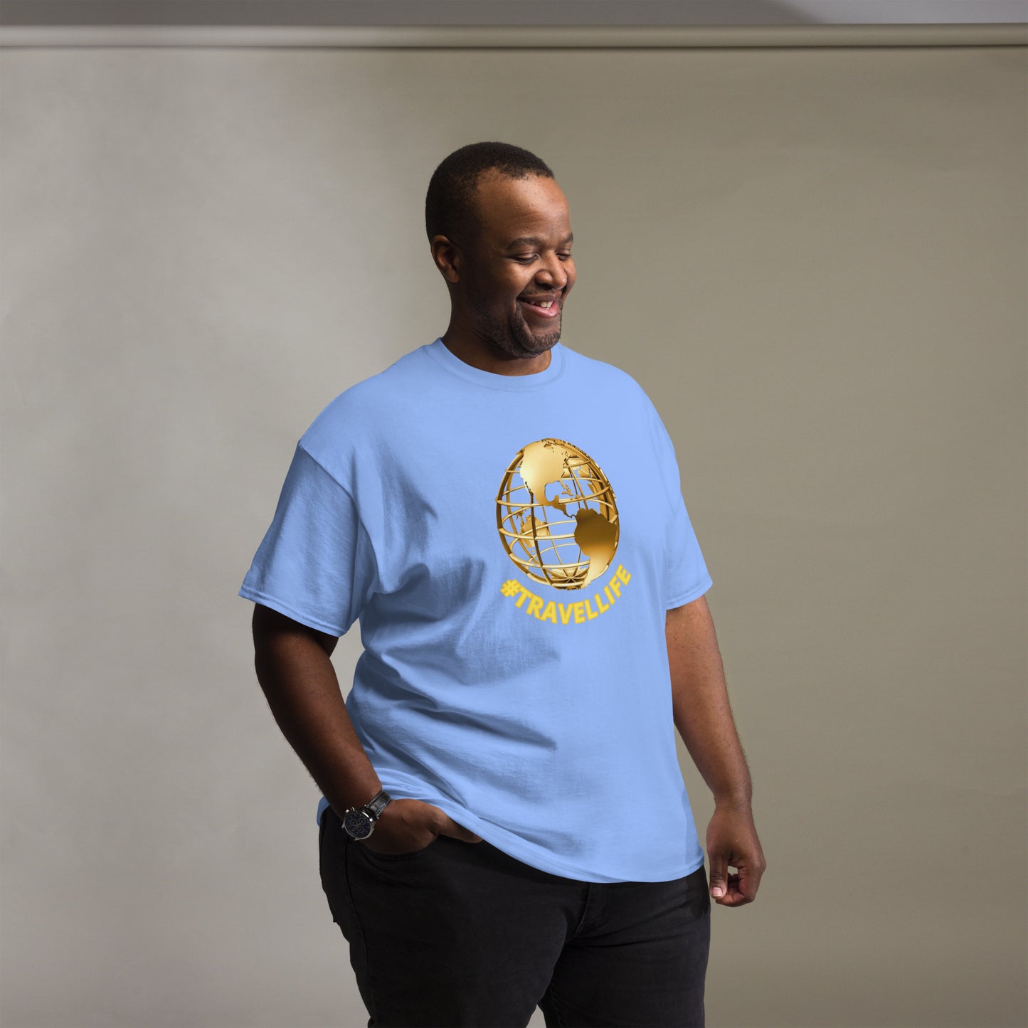 #Travellife World Men's Classic Tee Gold Text 2X+