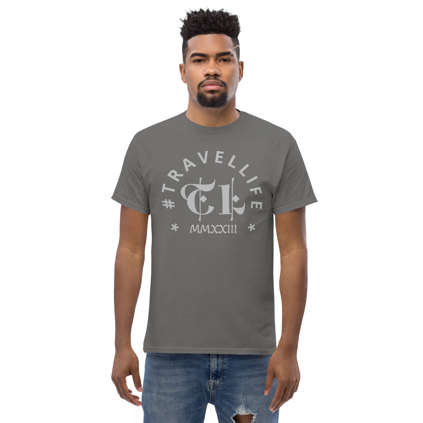 #Travellife Arc TL Logo Roman 2023 Men's Classic Tee Silver Text