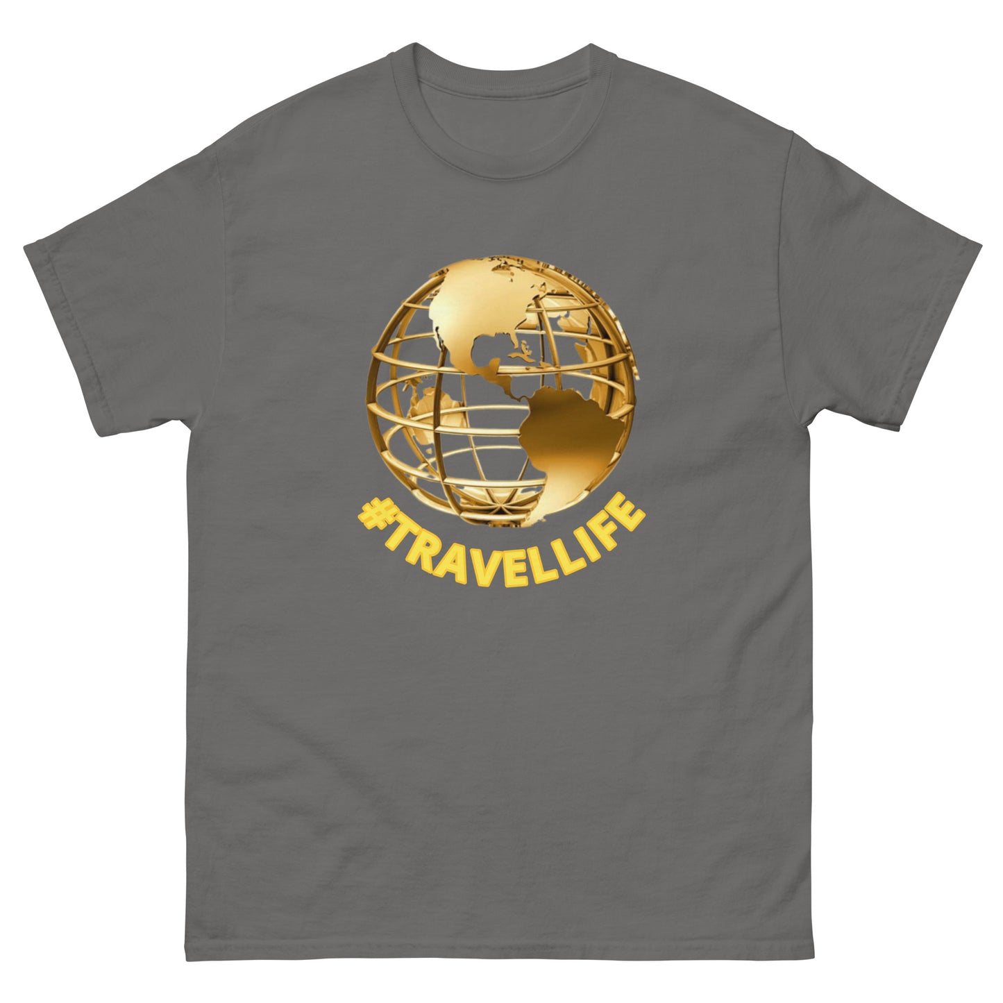 #Travellife World Men's Classic Tee Gold Text