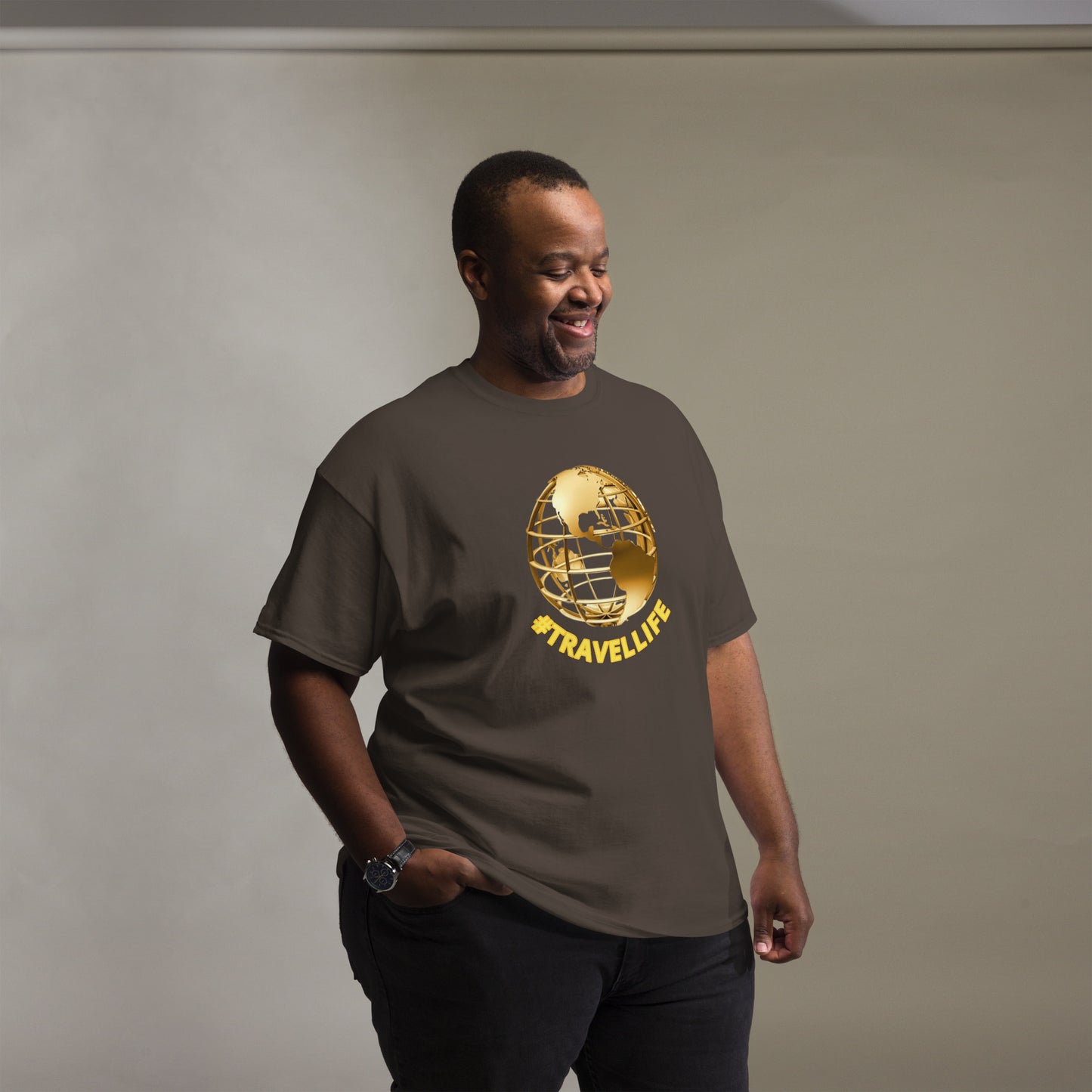 #Travellife World Men's Classic Tee Gold Text 2X+