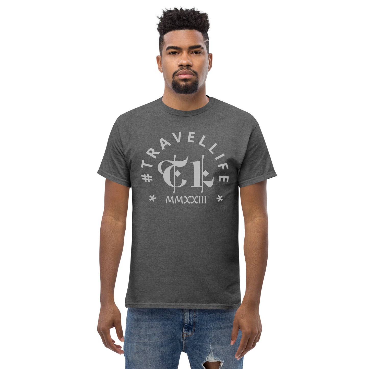 #Travellife Arc TL Logo Roman 2023 Men's Classic Tee Silver Text