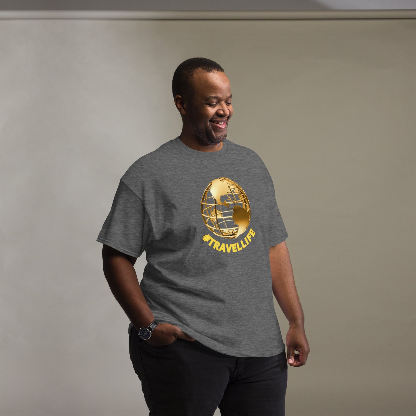 #Travellife World Men's Classic Tee Gold Text 2X+