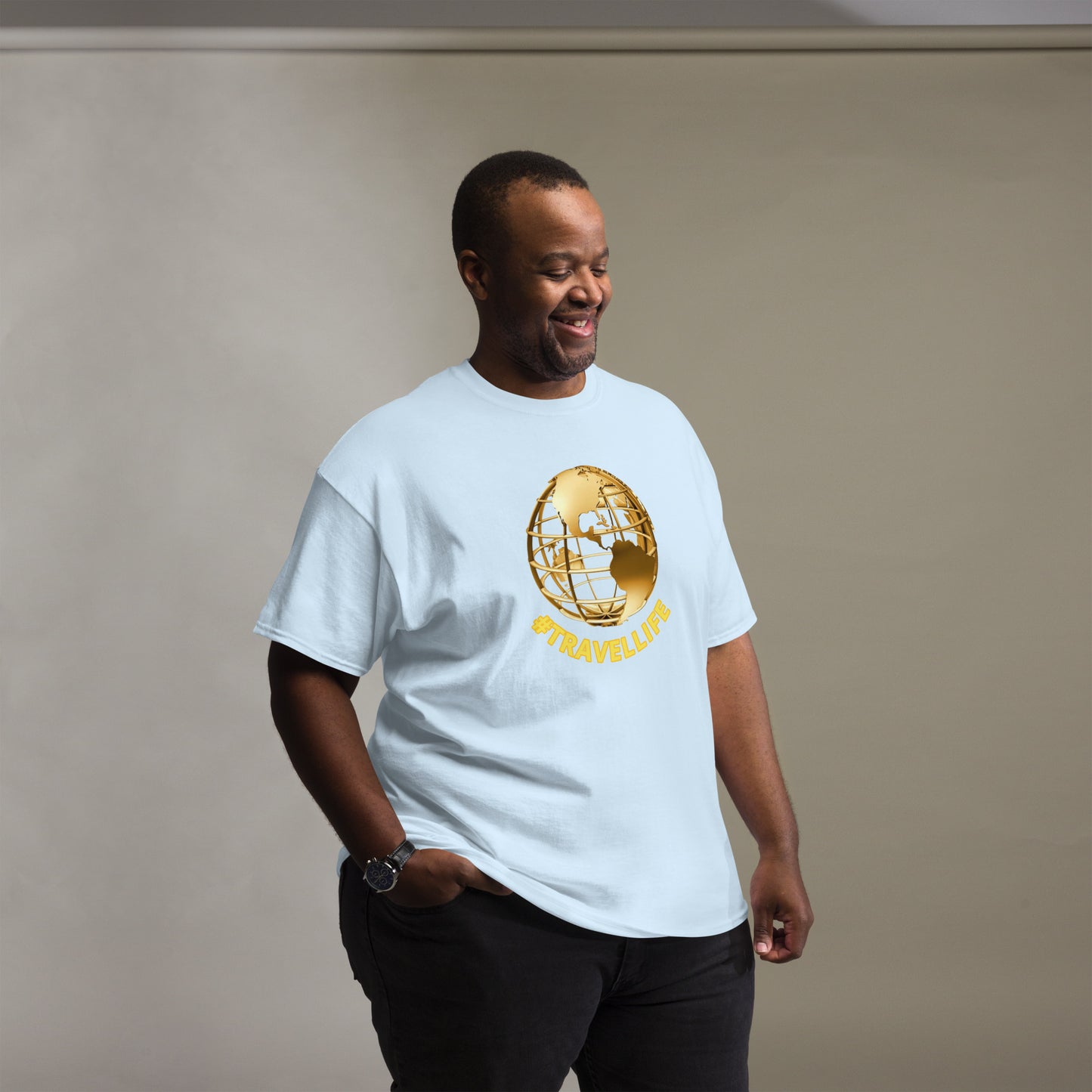 #Travellife World Men's Classic Tee Gold Text 2X+