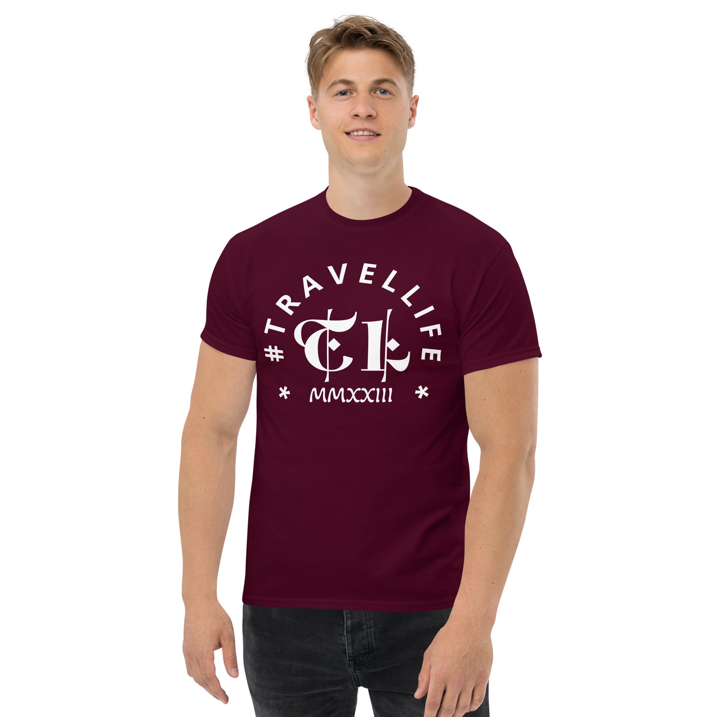 #Travellife Arc TL Logo Roman 2023 Men's Classic Tee White Text