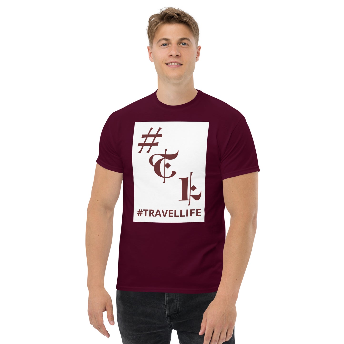 White Background #TL Logo Maroon Men's Classic Tee Maroon Text