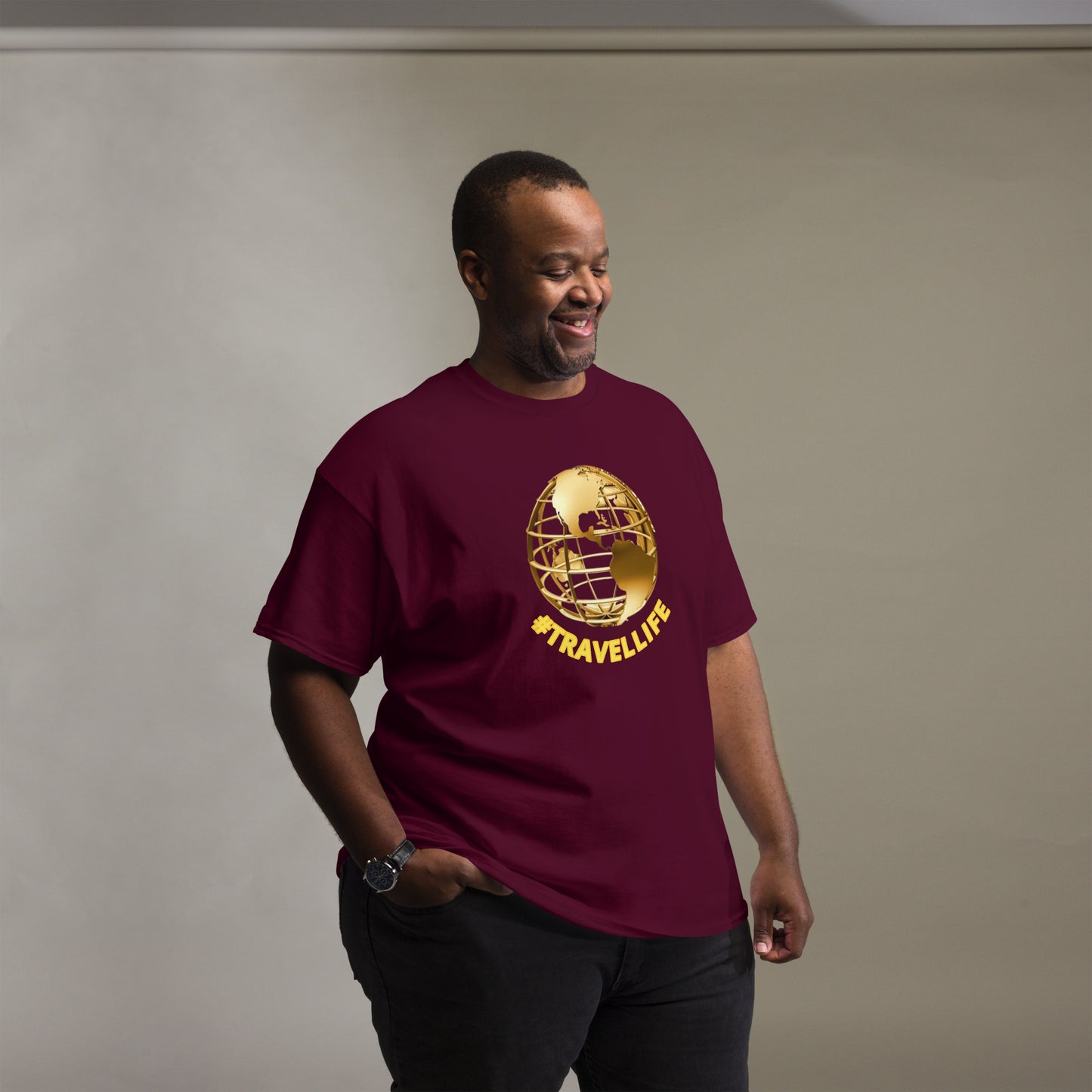 #Travellife World Men's Classic Tee Gold Text 2X+