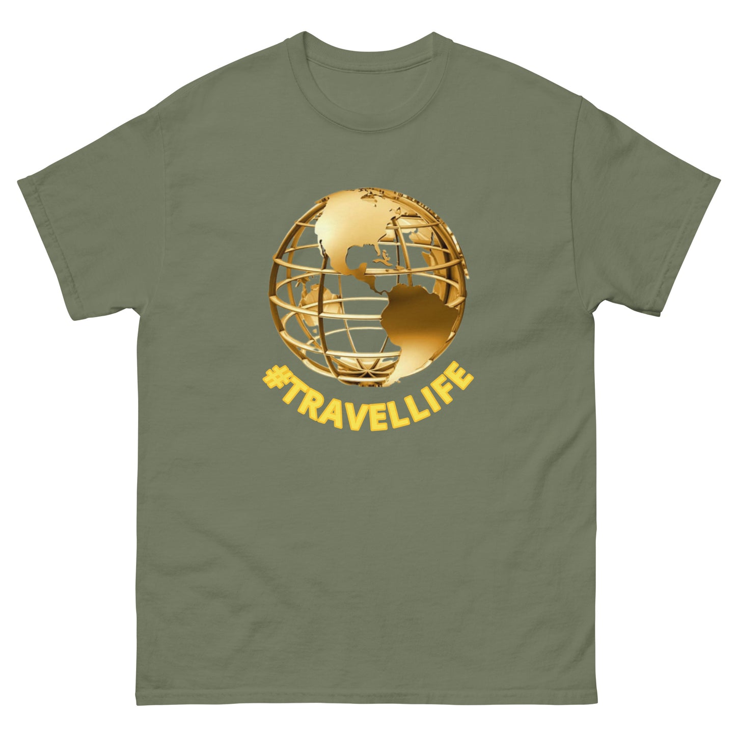 #Travellife World Men's Classic Tee Gold Text