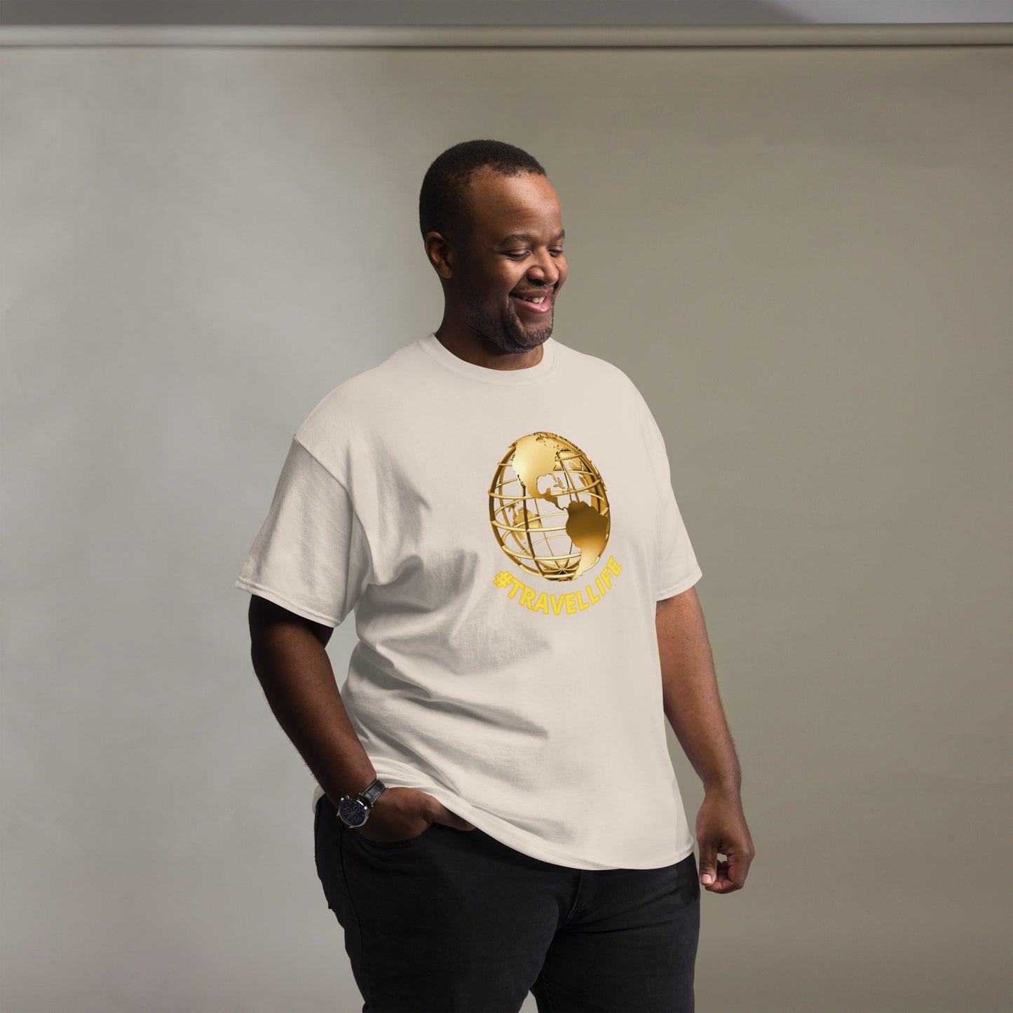 #Travellife World Men's Classic Tee Gold Text 2X+