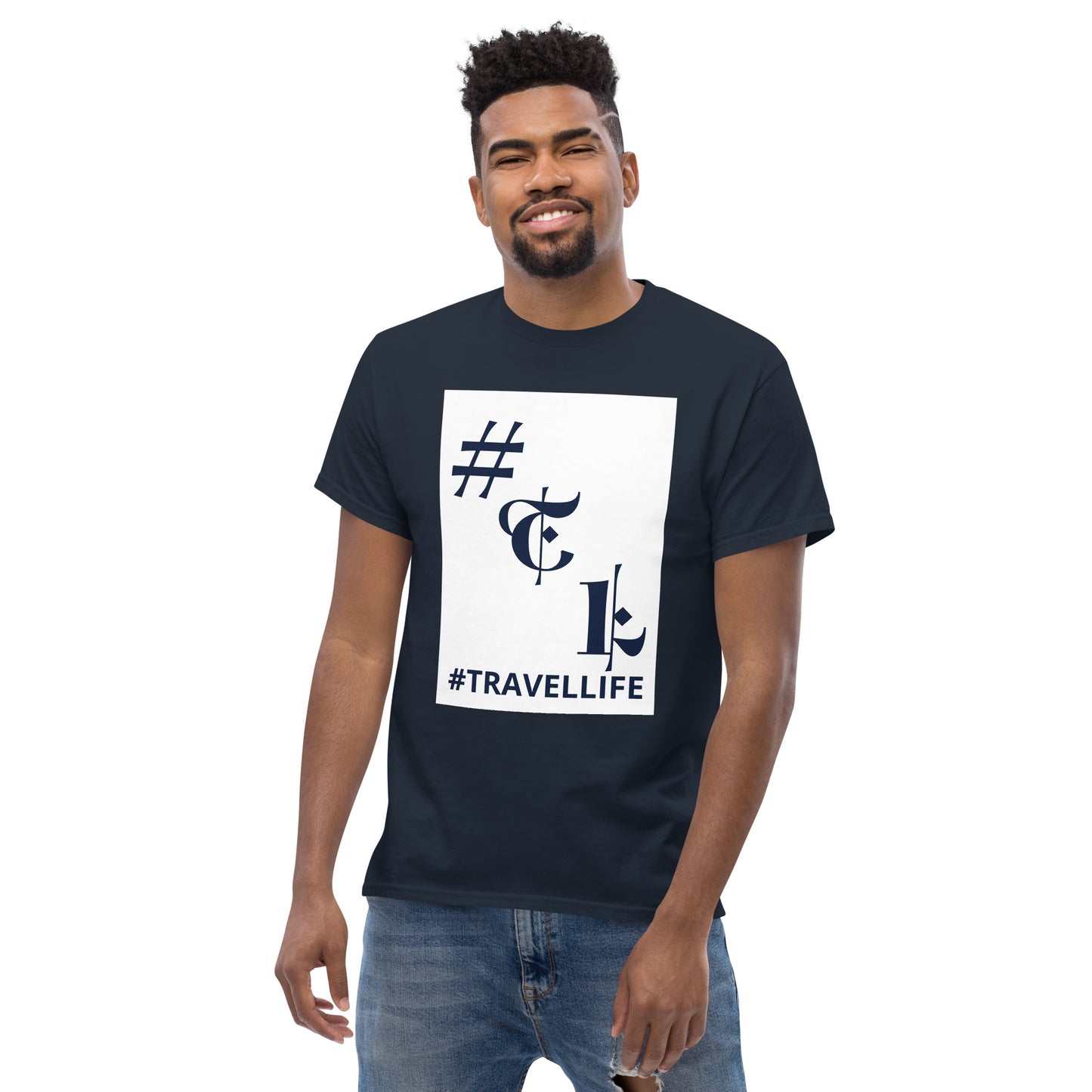 White Background #TL Logo Navy Men's Classic Tee Navy Text