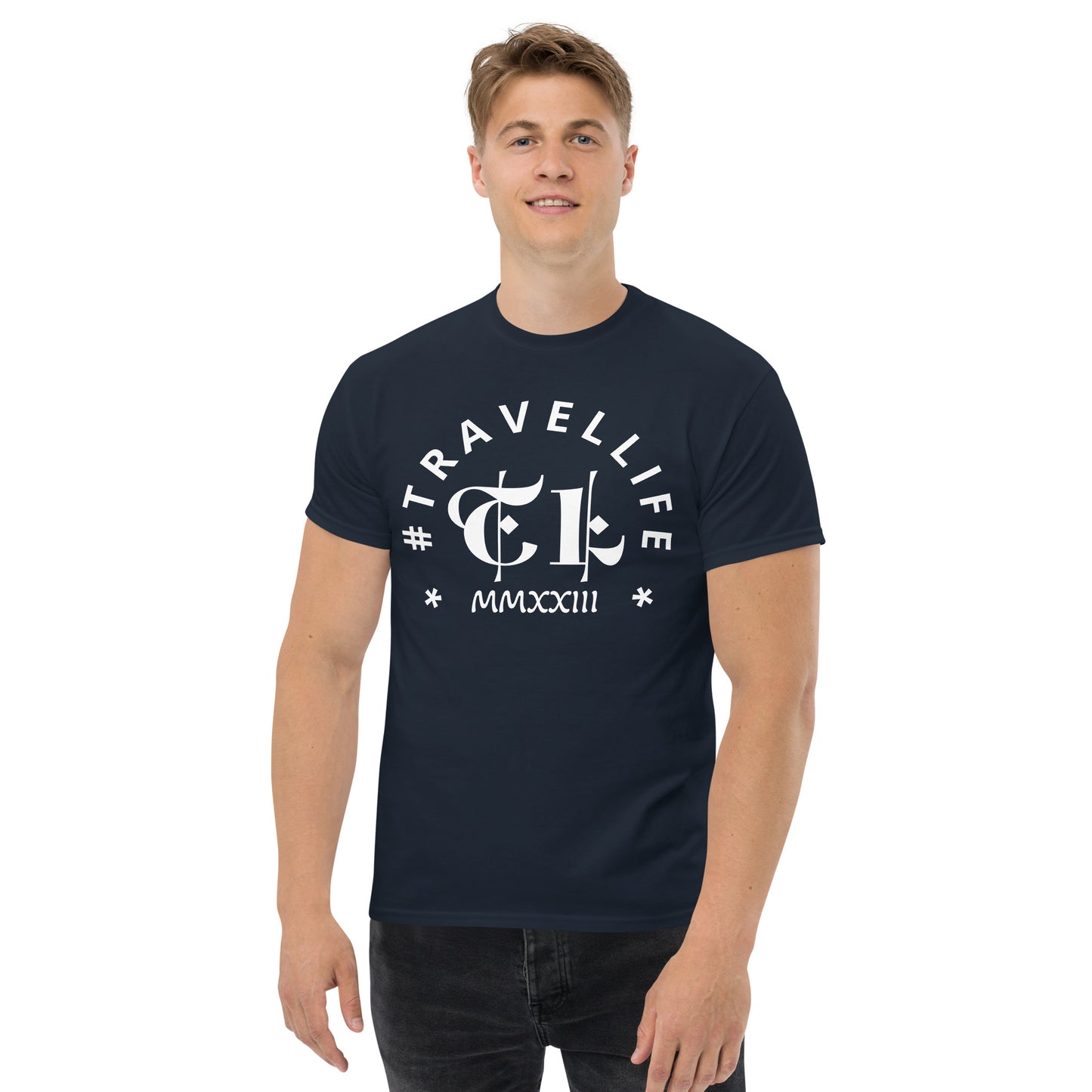 #Travellife Arc TL Logo Roman 2023 Men's Classic Tee White Text