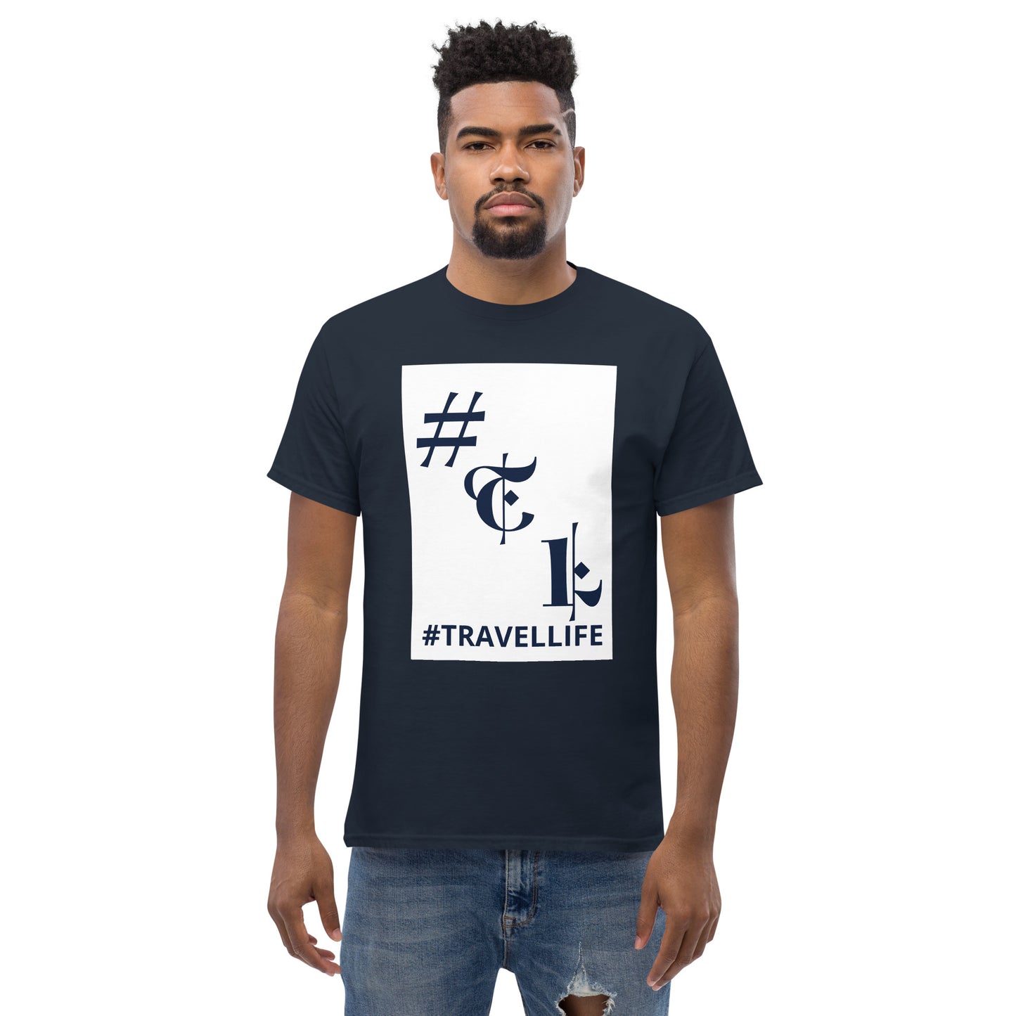 White Background #TL Logo Navy Men's Classic Tee Navy Text