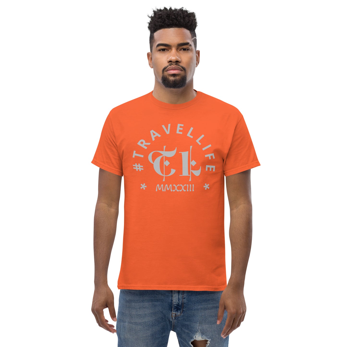 #Travellife Arc TL Logo Roman 2023 Men's Classic Tee Silver Text