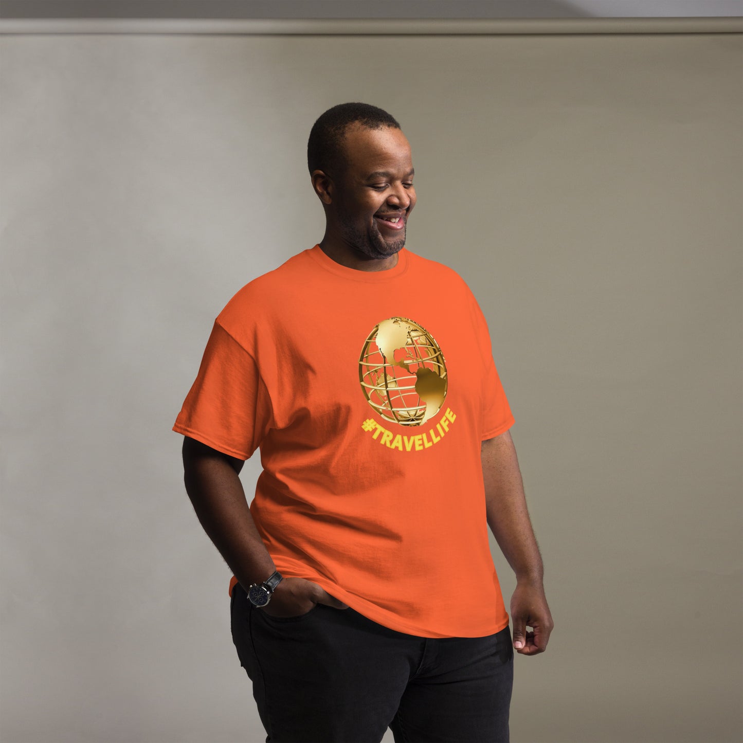 #Travellife World Men's Classic Tee Gold Text 2X+