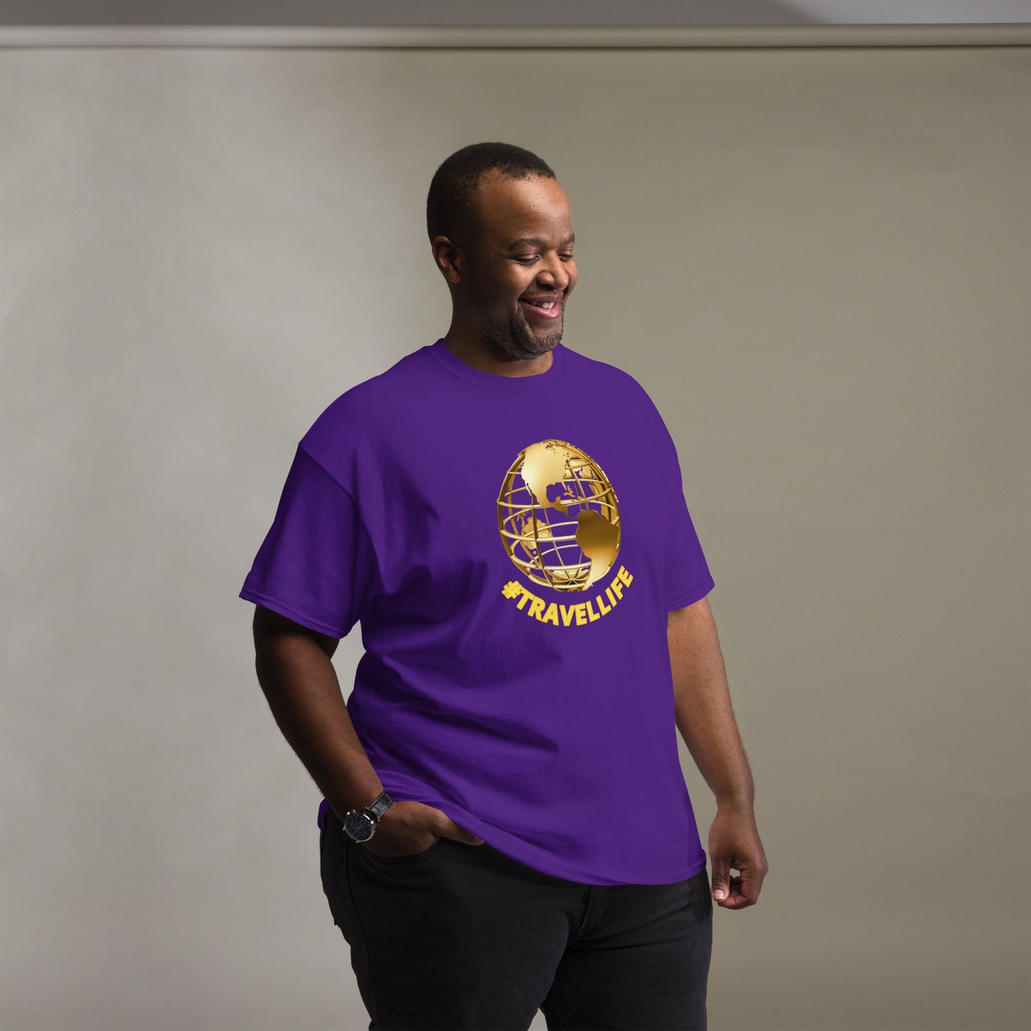 #Travellife World Men's Classic Tee Gold Text 2X+