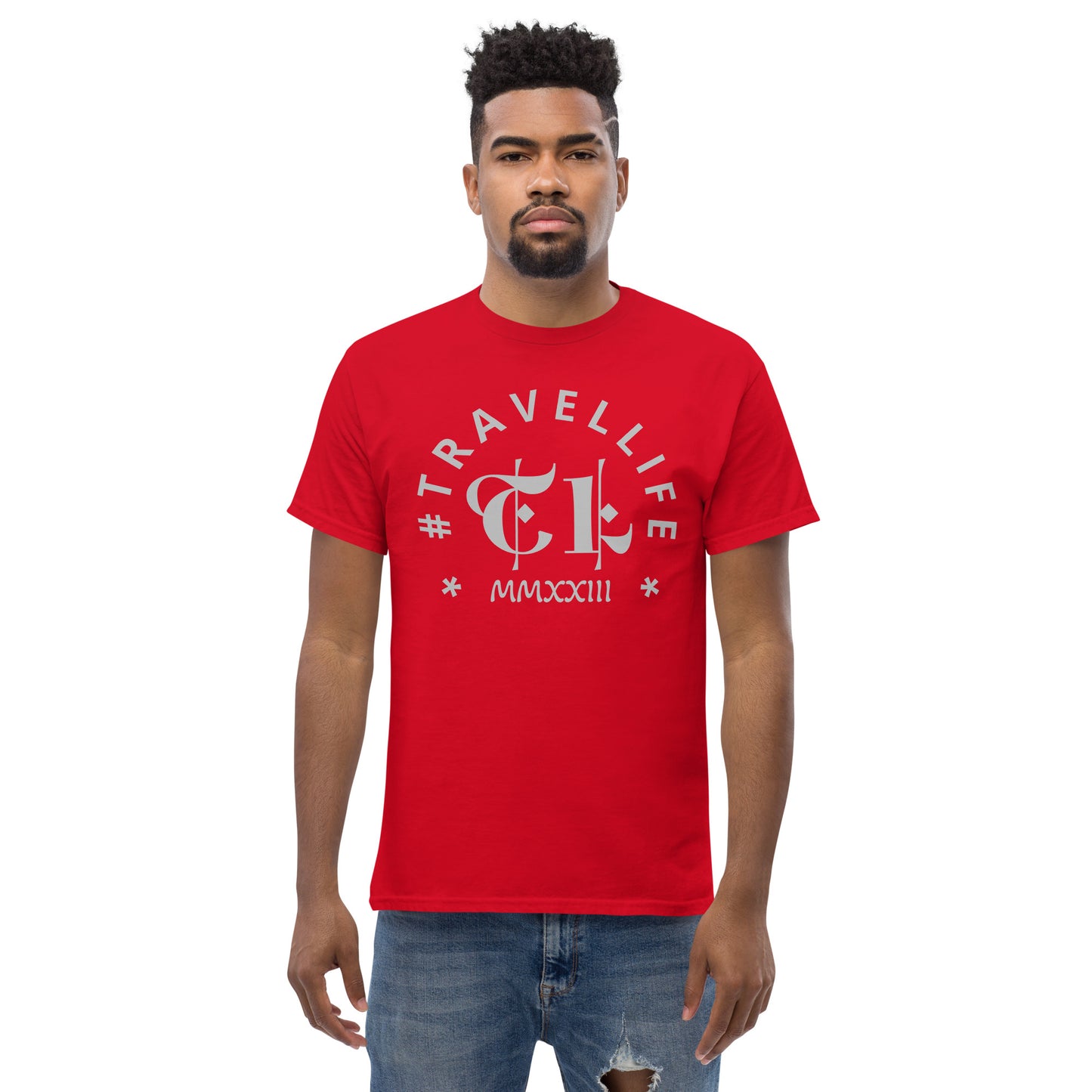 #Travellife Arc TL Logo Roman 2023 Men's Classic Tee Silver Text