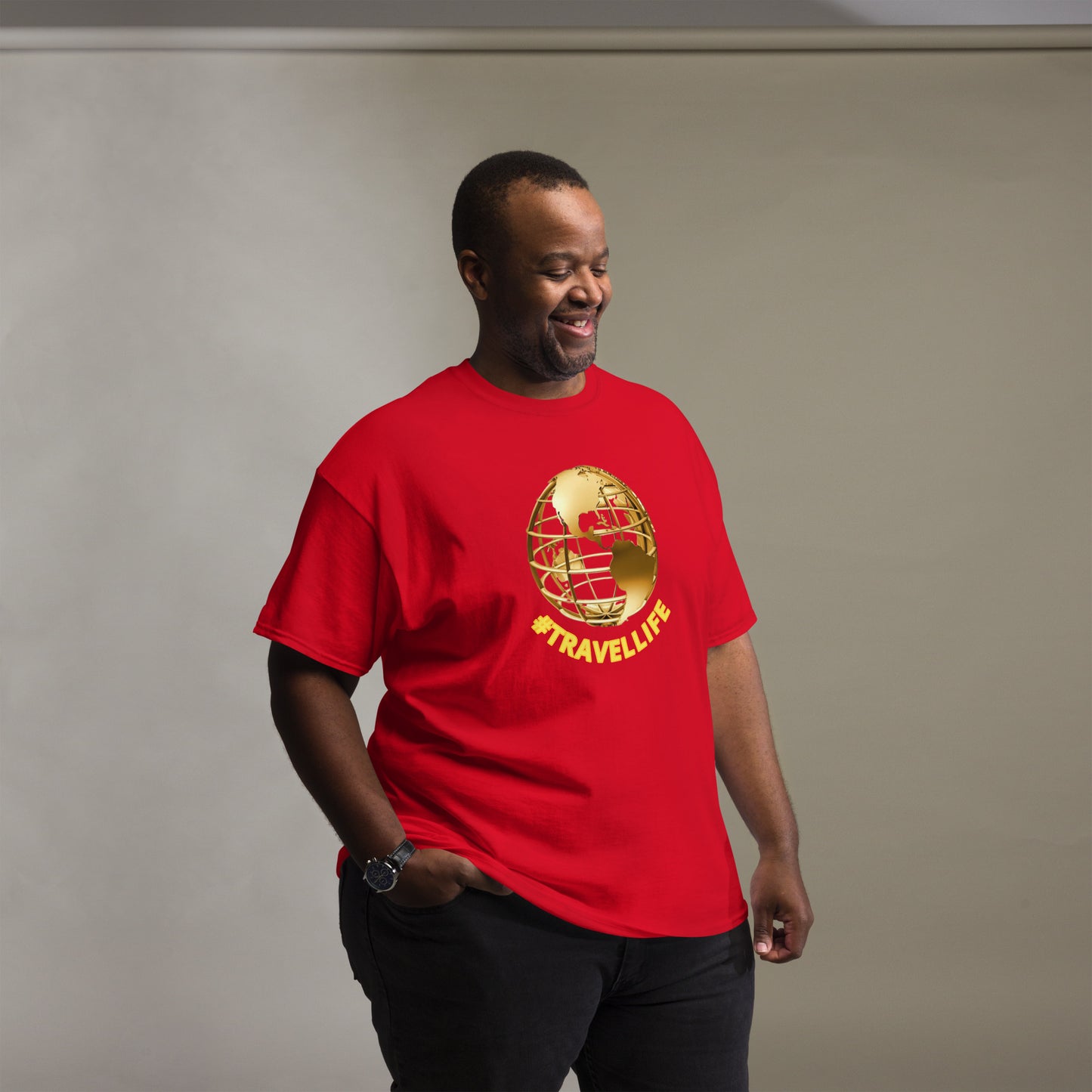 #Travellife World Men's Classic Tee Gold Text 2X+