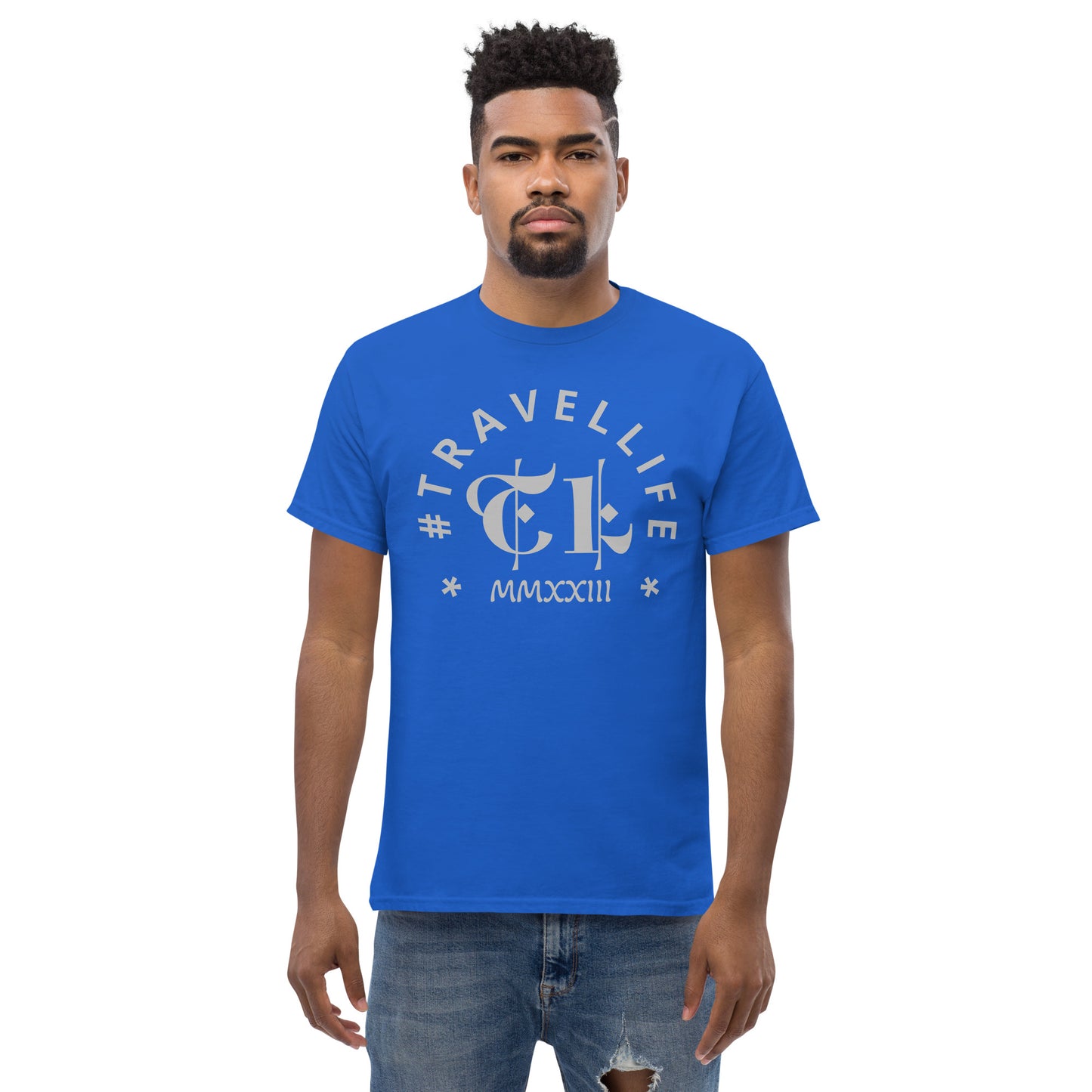 #Travellife Arc TL Logo Roman 2023 Men's Classic Tee Silver Text