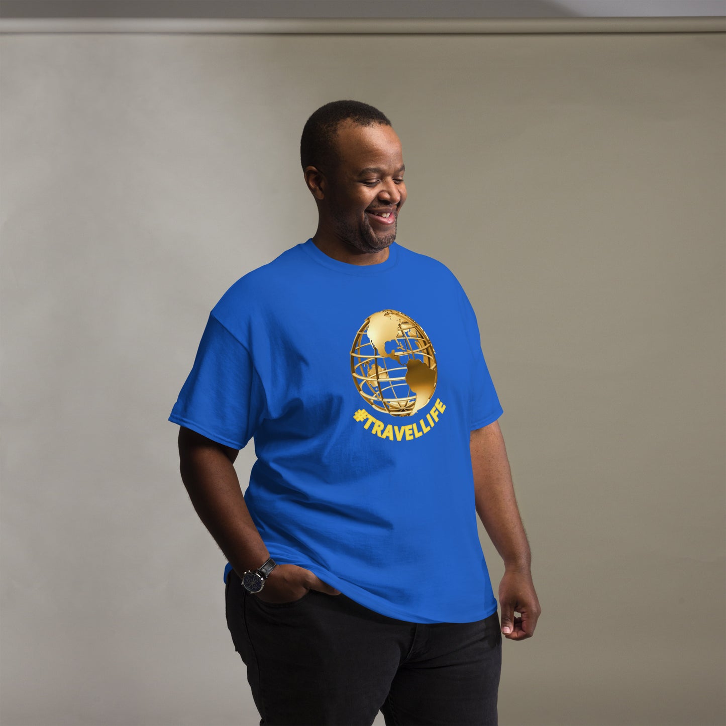 #Travellife World Men's Classic Tee Gold Text 2X+