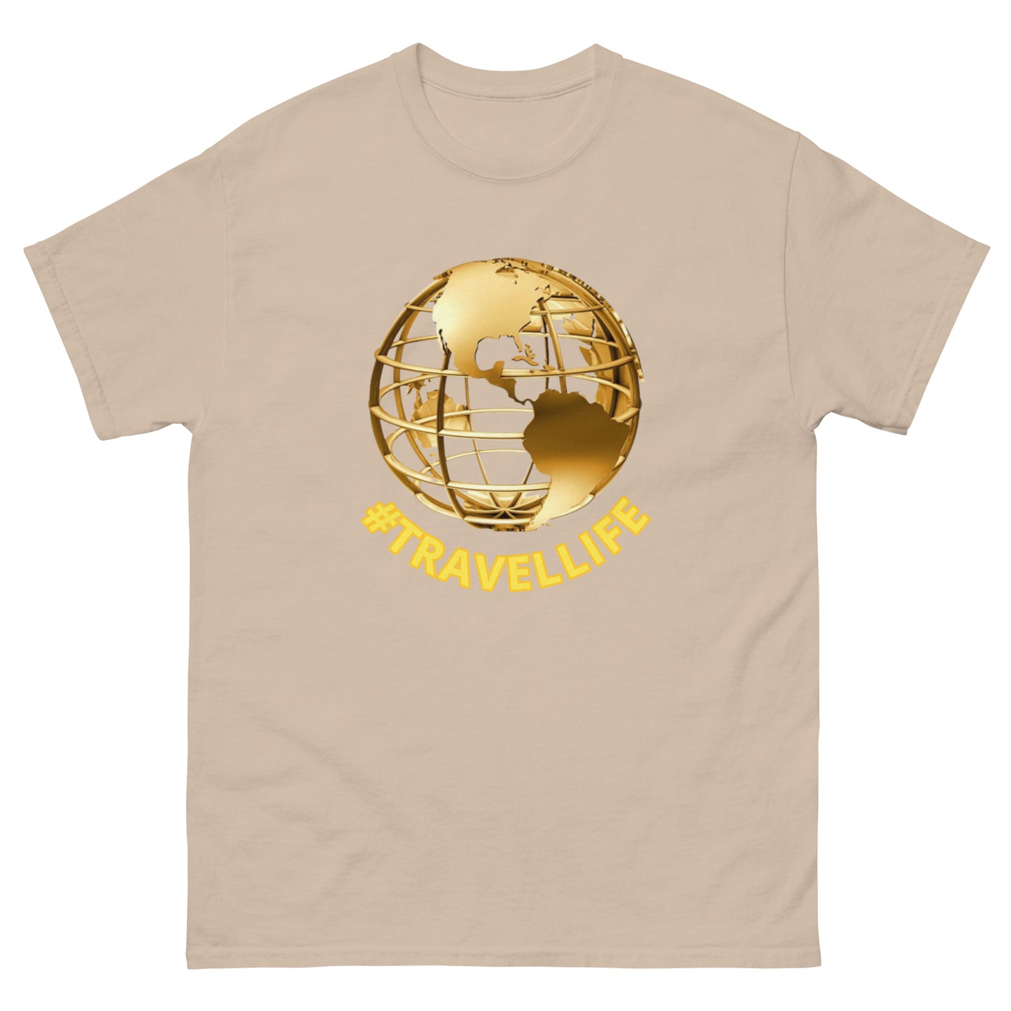 #Travellife World Men's Classic Tee Gold Text