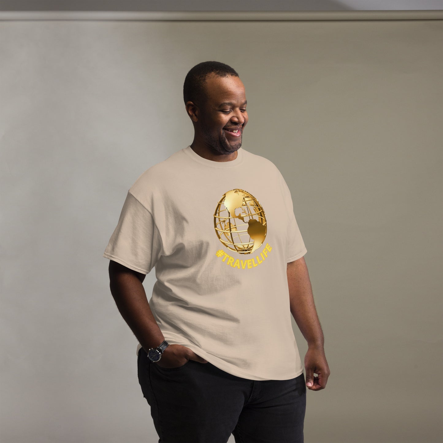 #Travellife World Men's Classic Tee Gold Text 2X+