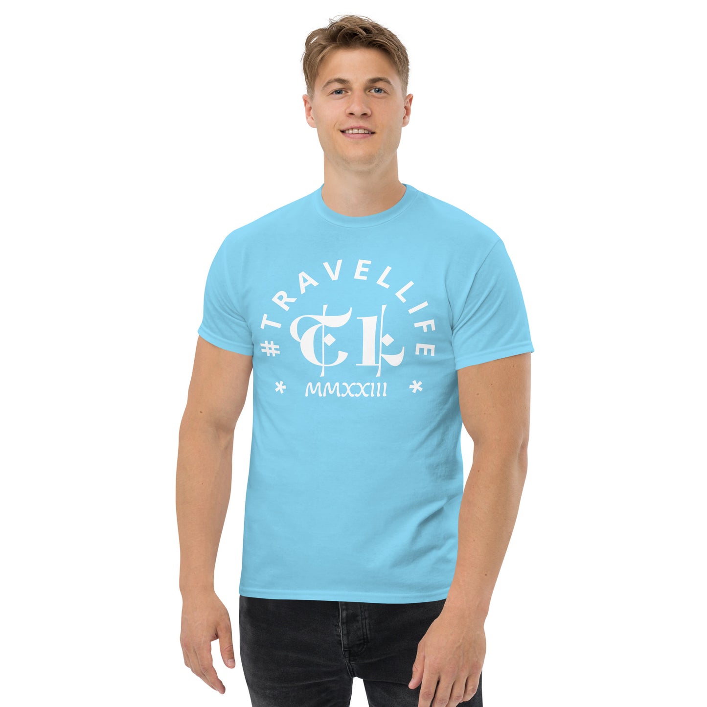 #Travellife Arc TL Logo Roman 2023 Men's Classic Tee White Text