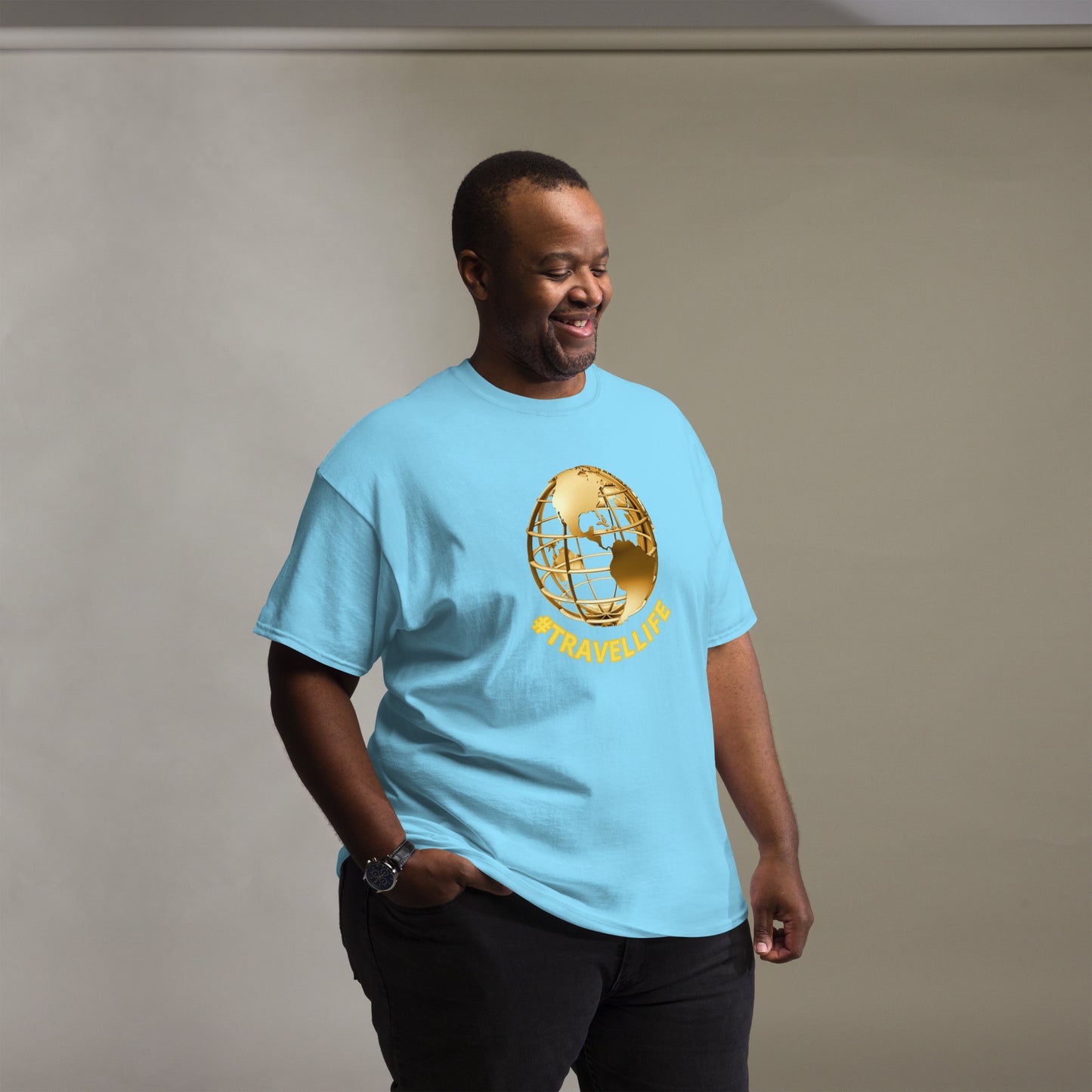 #Travellife World Men's Classic Tee Gold Text 2X+