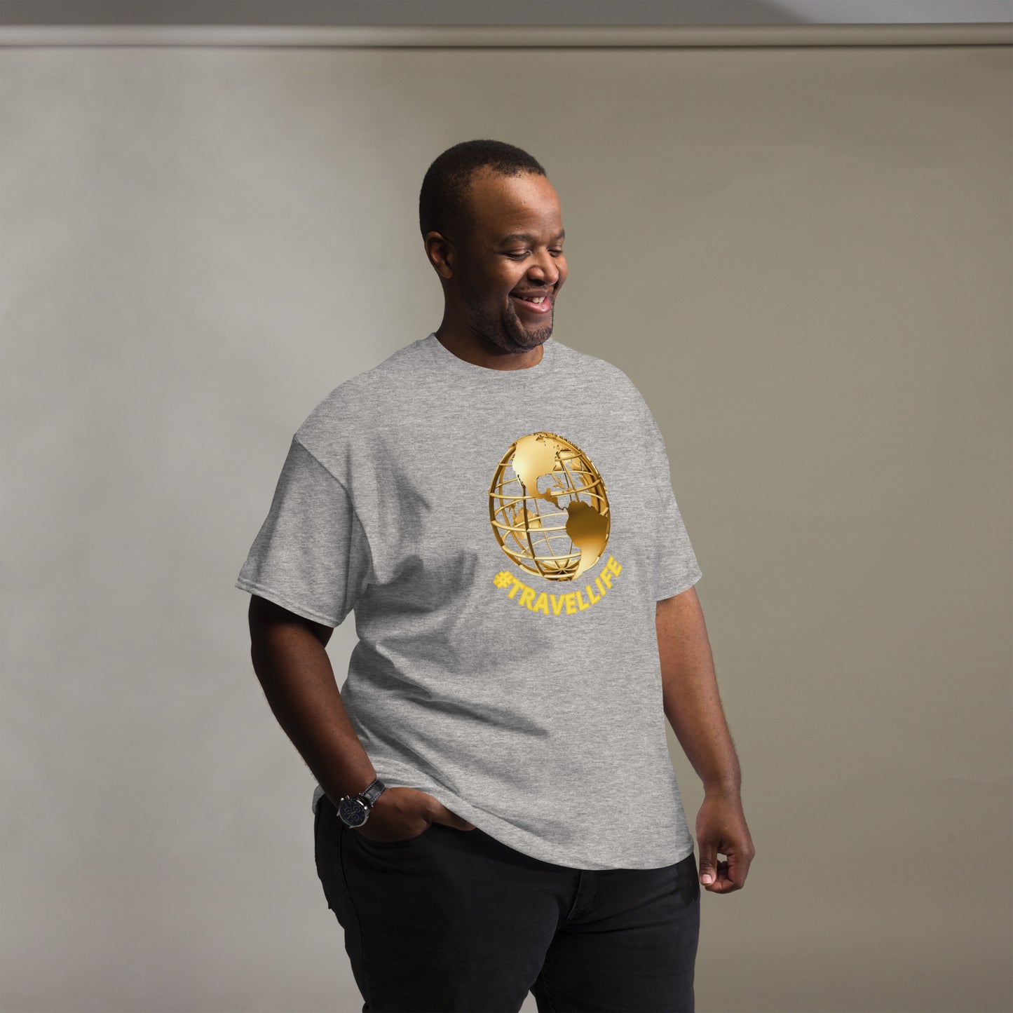 #Travellife World Men's Classic Tee Gold Text 2X+