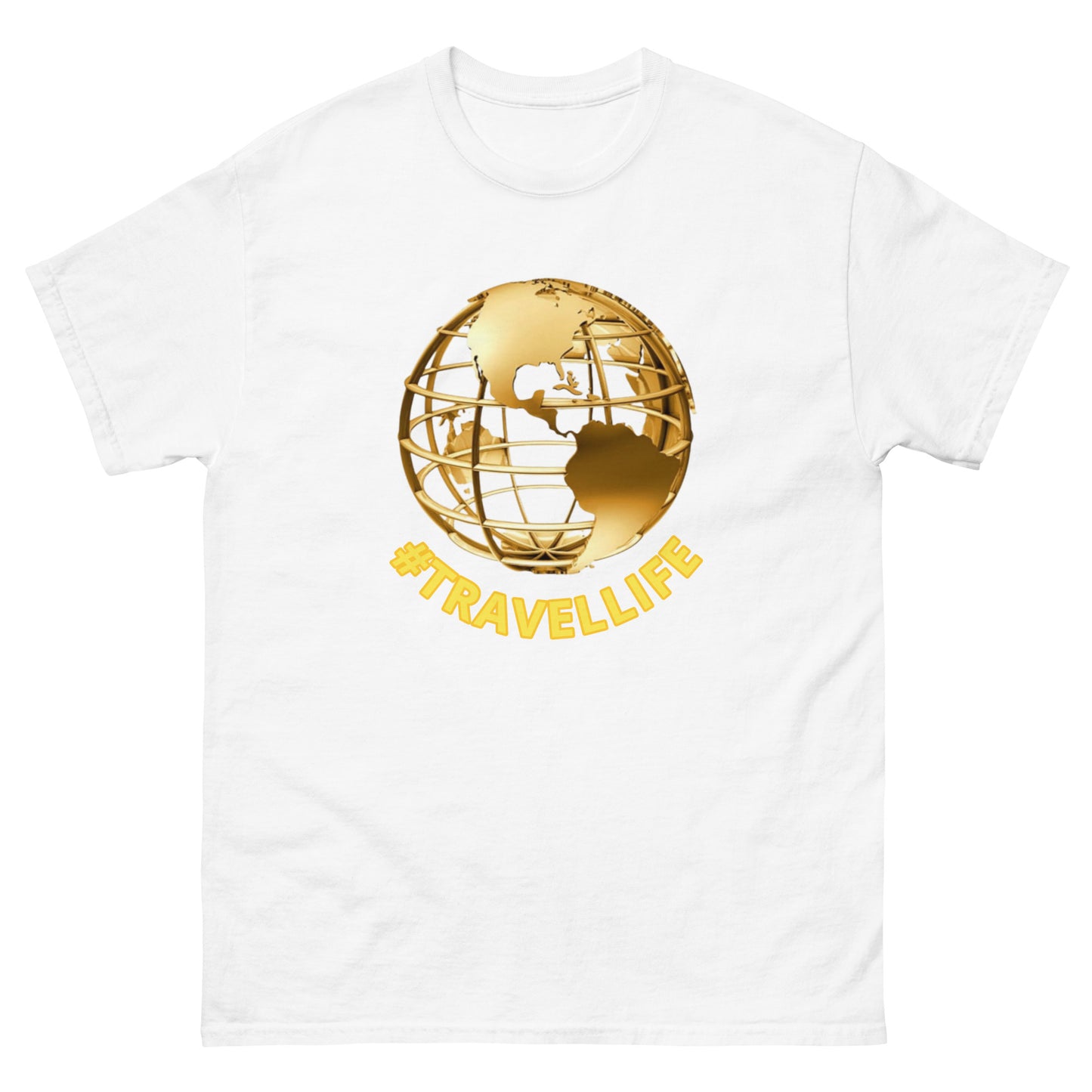 #Travellife World Men's Classic Tee Gold Text