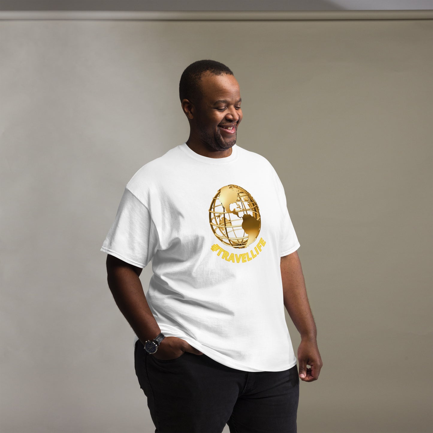 #Travellife World Men's Classic Tee Gold Text 2X+