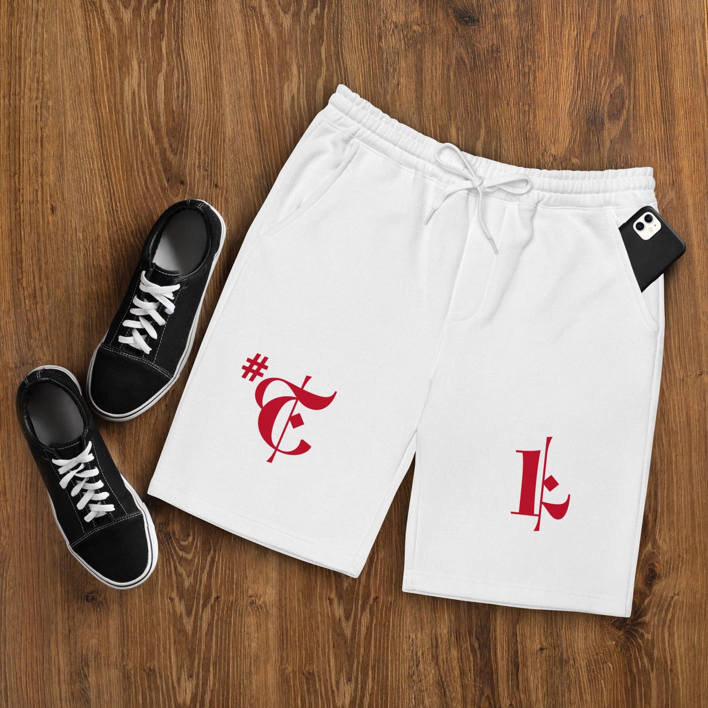 Men's White Fleece Shorts Red #TL 2X+