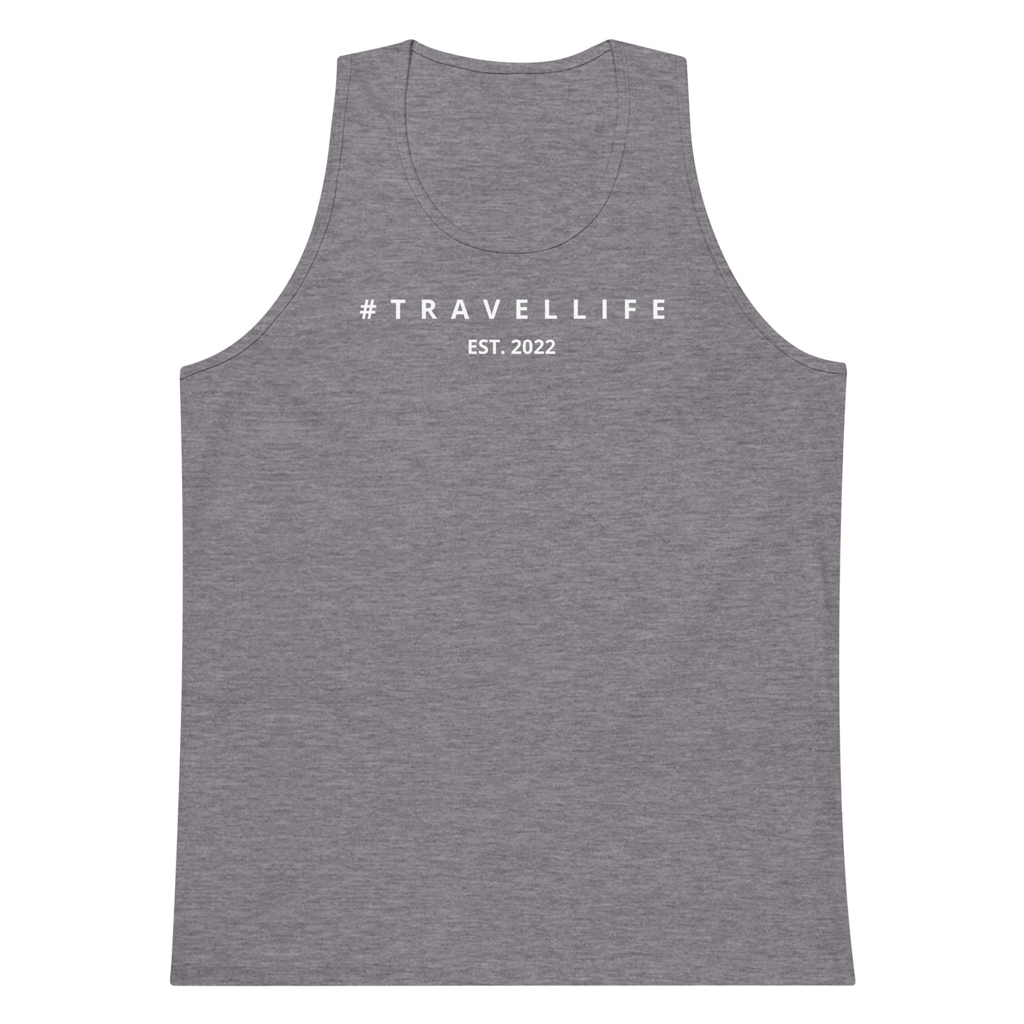 #Travellife Est. 2022 Men’s Premium Tank Top White Text