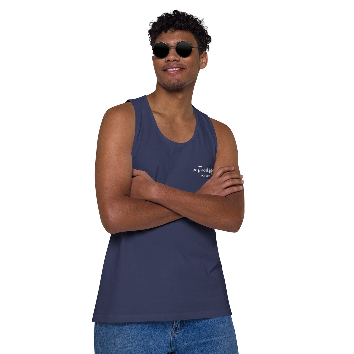 #Travellife Signature Est. 2022 Men’s Premium Tank Top White Text