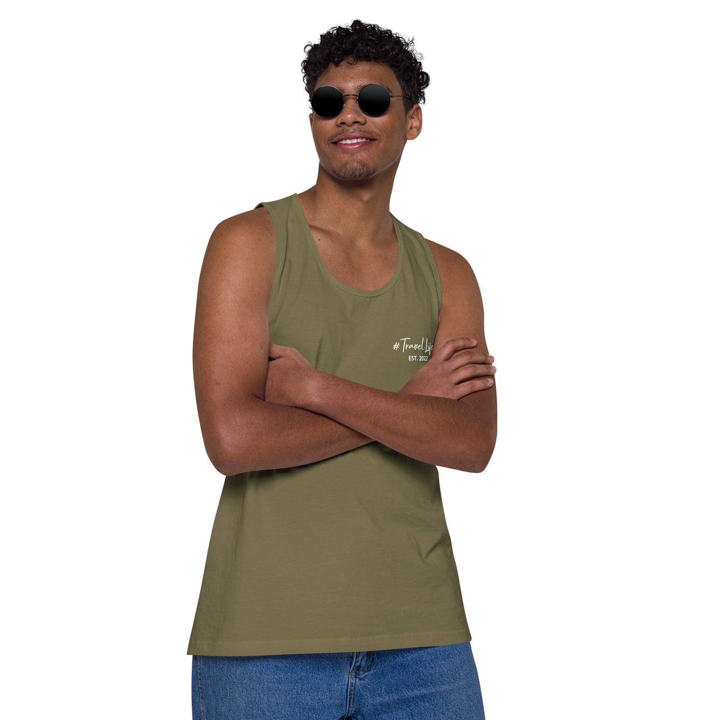 #Travellife Signature Est. 2022 Men’s Premium Tank Top White Text