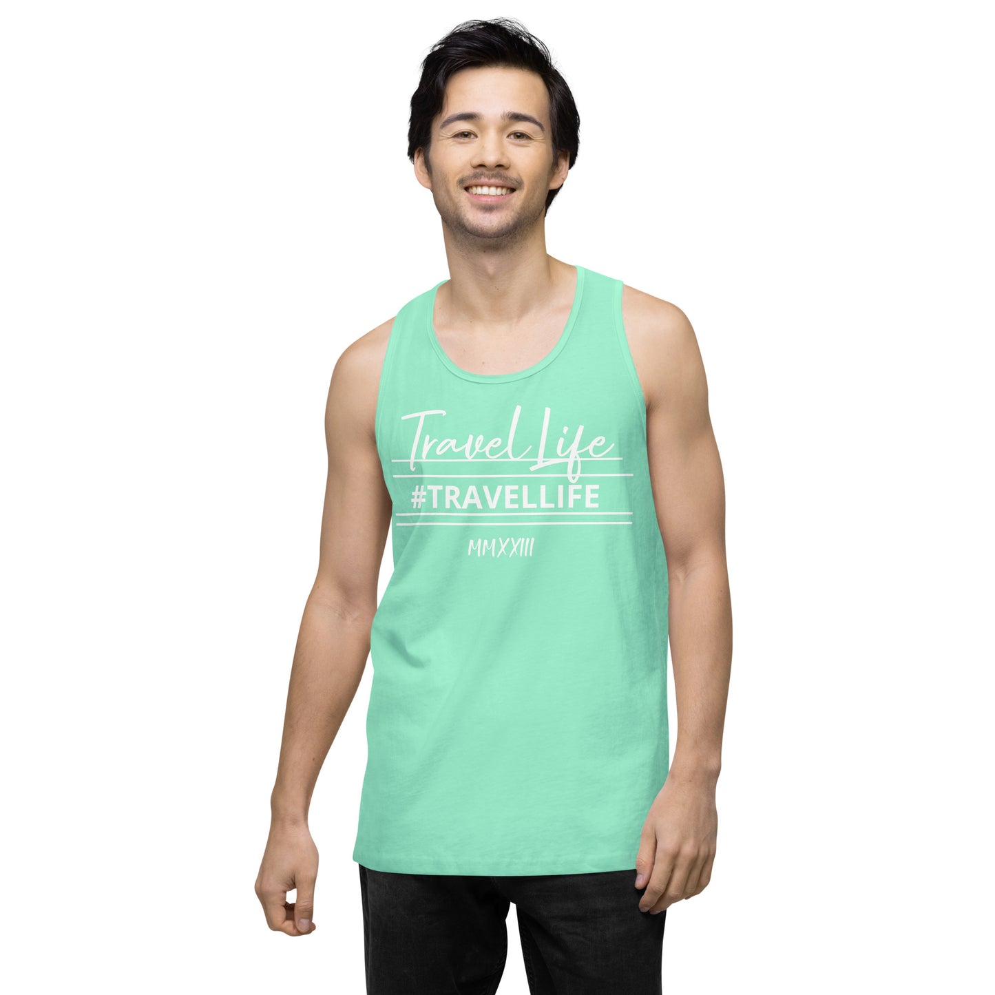 #Travellife Signature Roman 2023 Men’s Premium Tank Top White Text