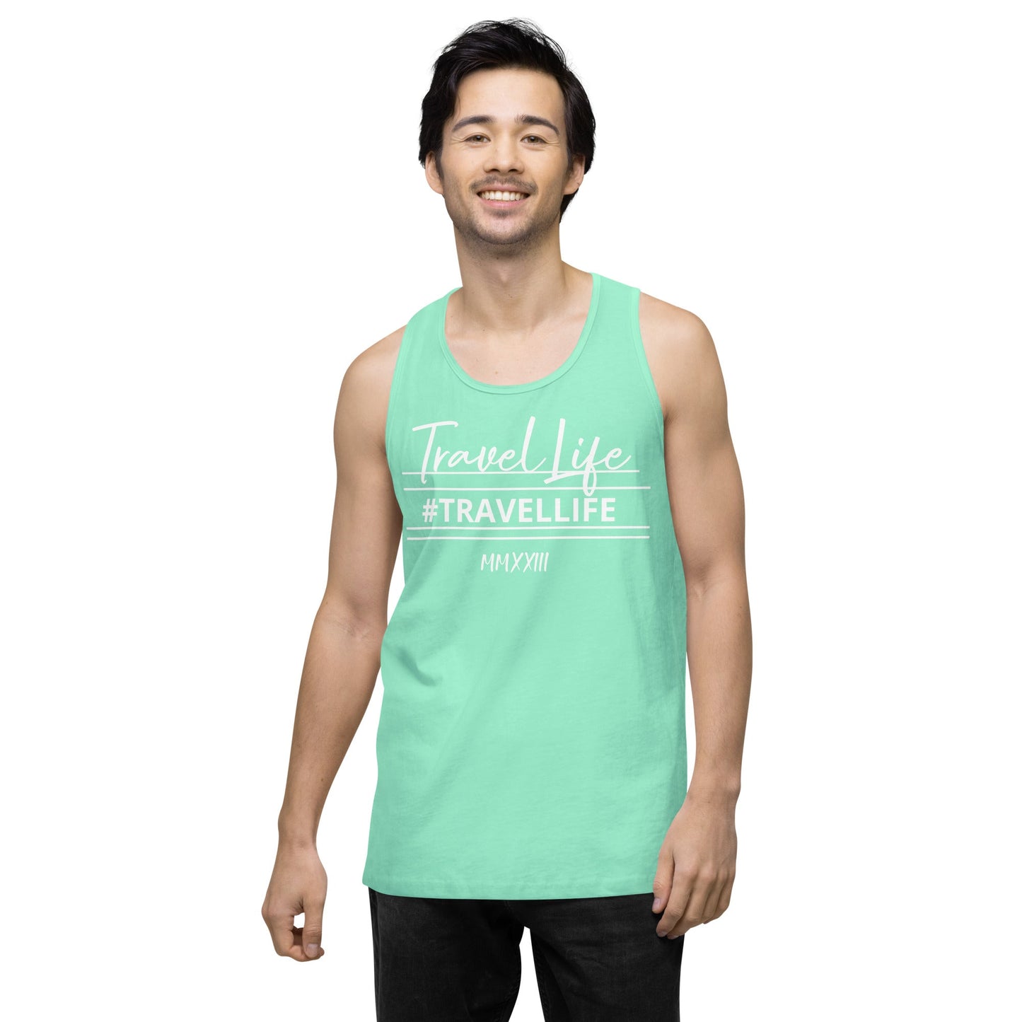 #Travellife Signature Roman 2023 Men’s Premium Tank Top White Text 2X+