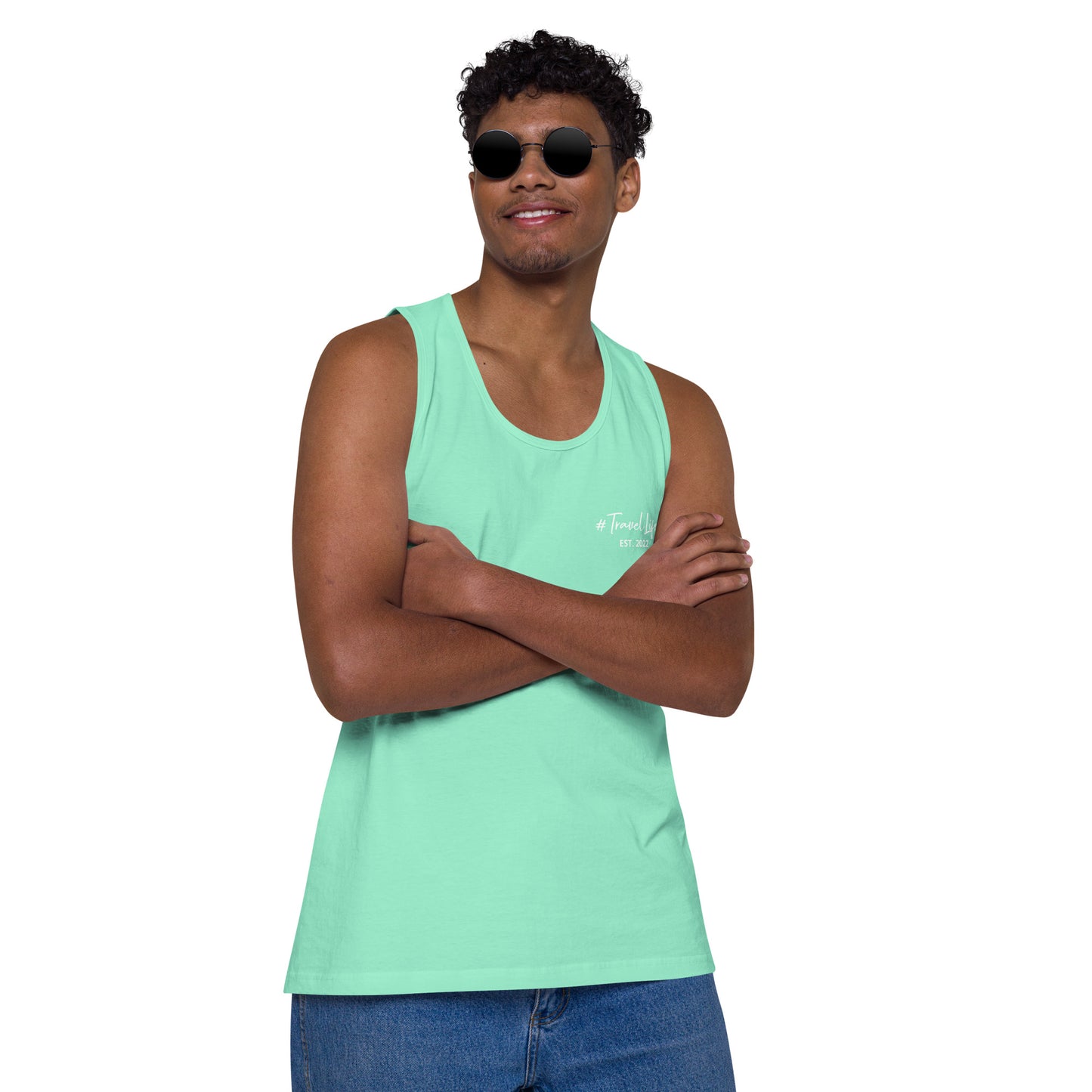 #Travellife Signature Est. 2022 Men’s Premium Tank Top White Text