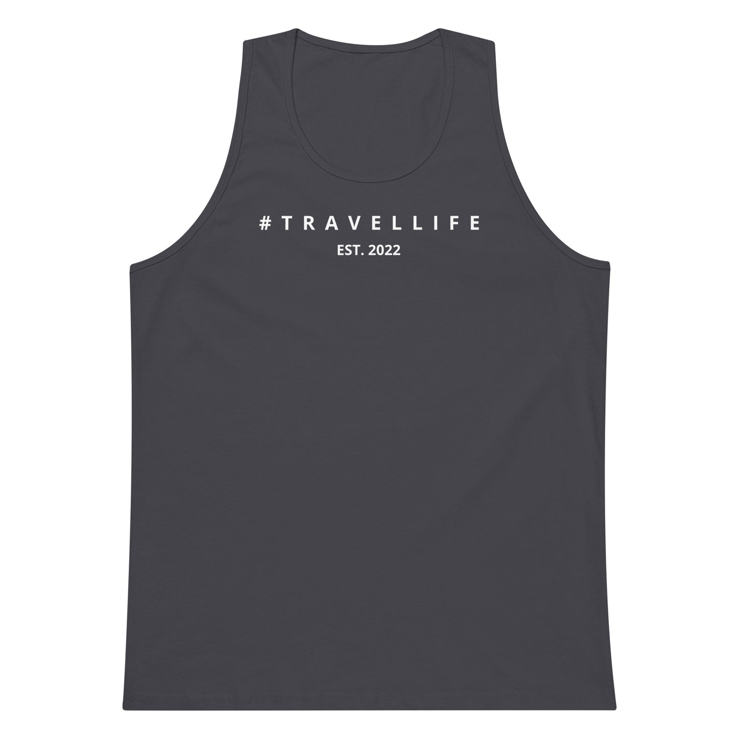 #Travellife Est. 2022 Men’s Premium Tank Top White Text