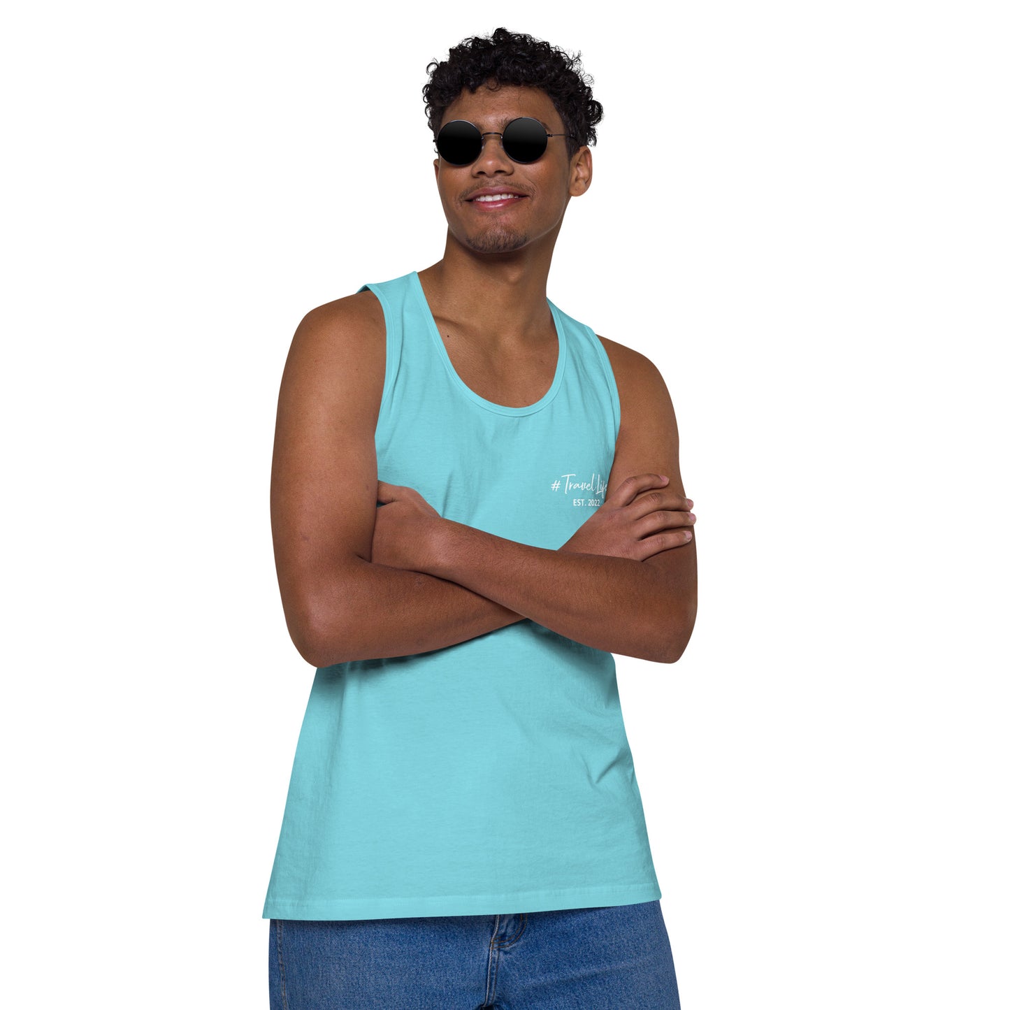 #Travellife Signature Est. 2022 Men’s Premium Tank Top White Text