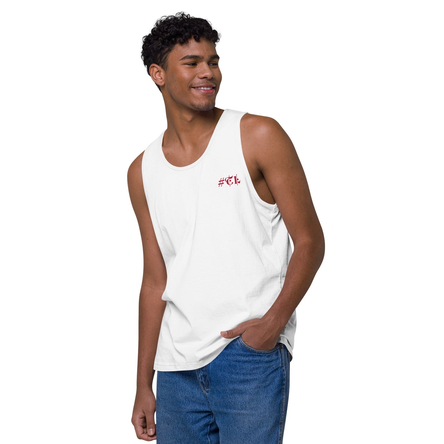 Men’s White Premium Tank Top Red #TL Logo 2X+
