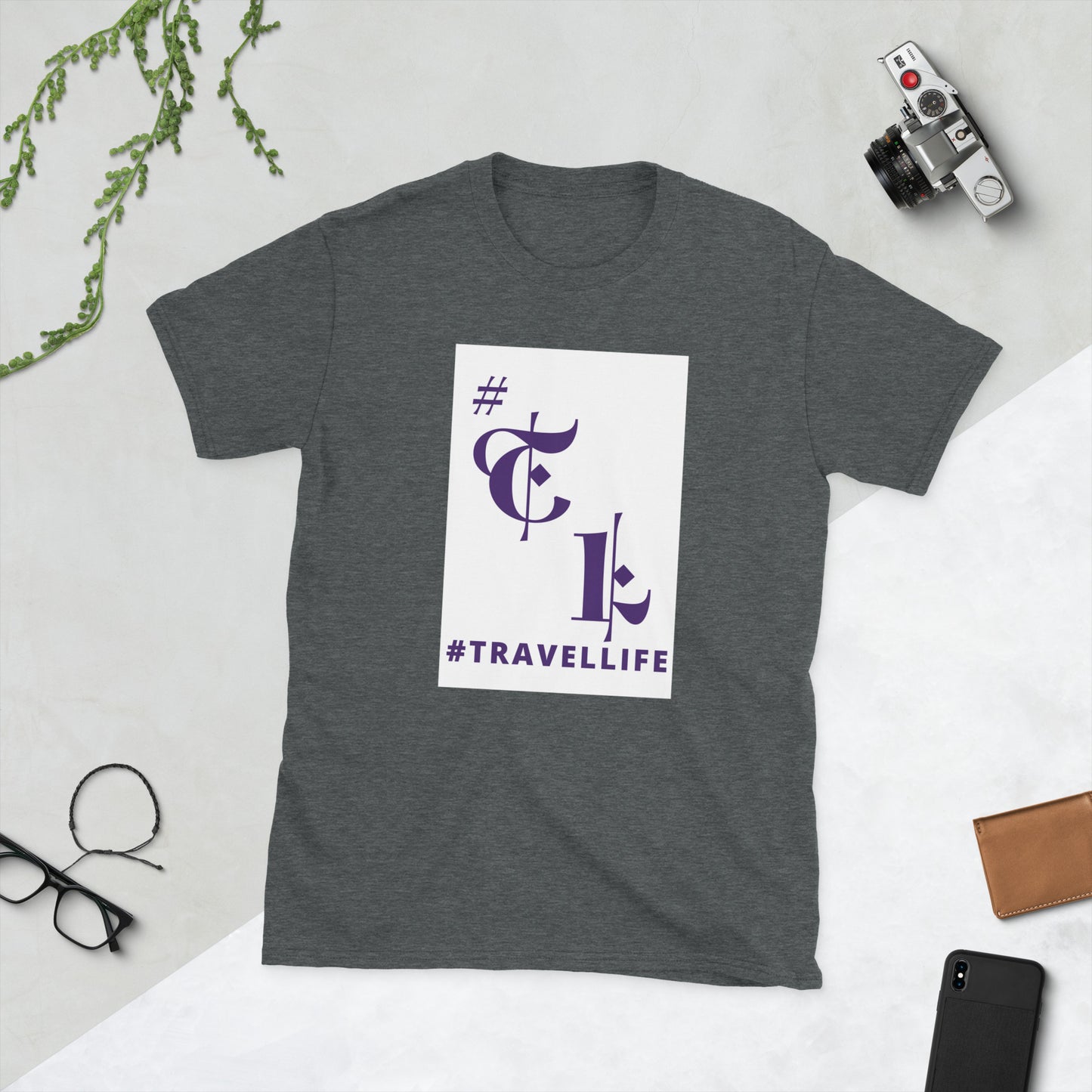 White Background #TL Logo Unisex T-Shirt Purple Text