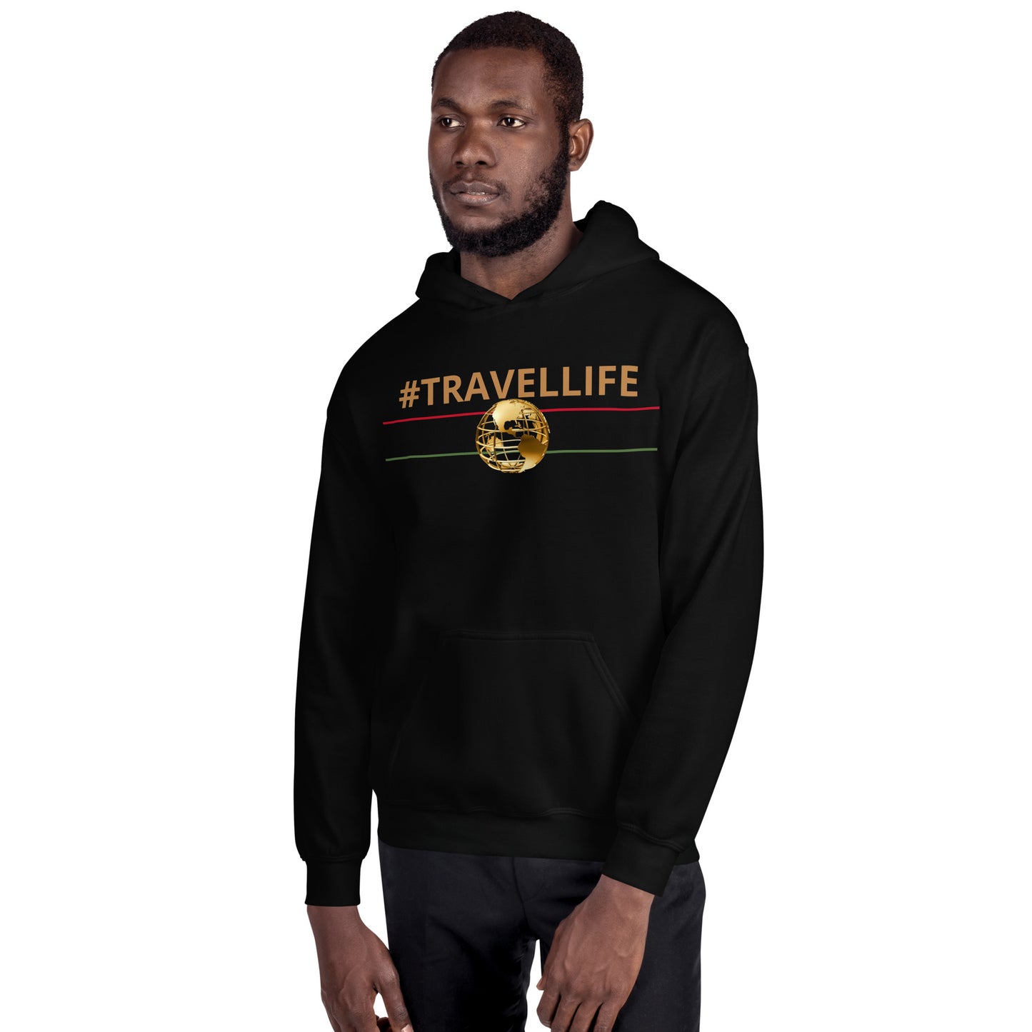 #Travellife Red, Black, and Green with Gold Globe Unisex Hoodie