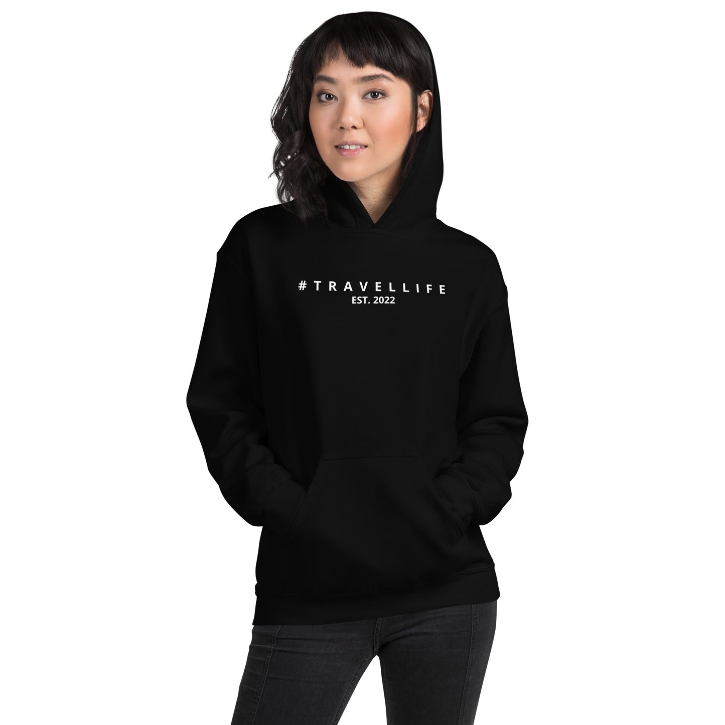 #Travellife Est. 2022 Centered White Text Unisex Hoodie