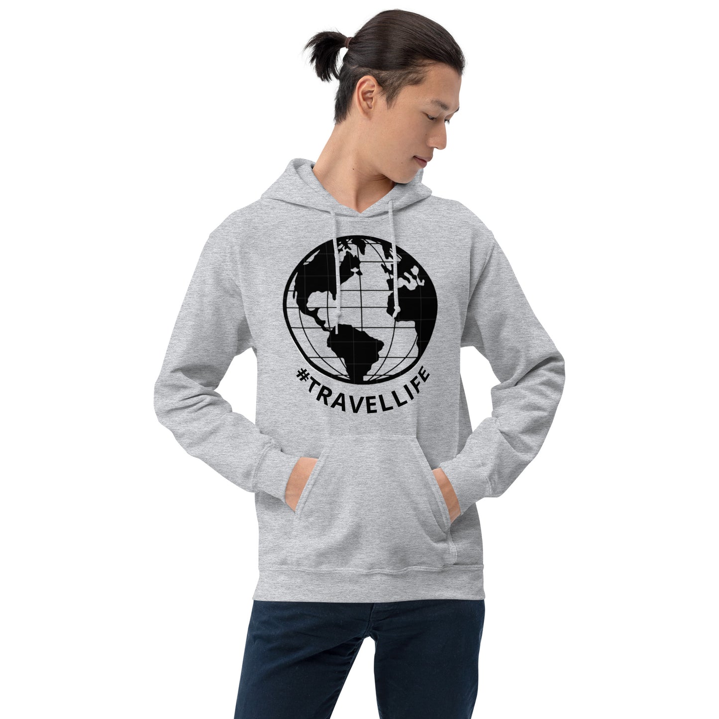 #Travellife Black Text Underneath Black Outlined Globe Unisex Hoodie