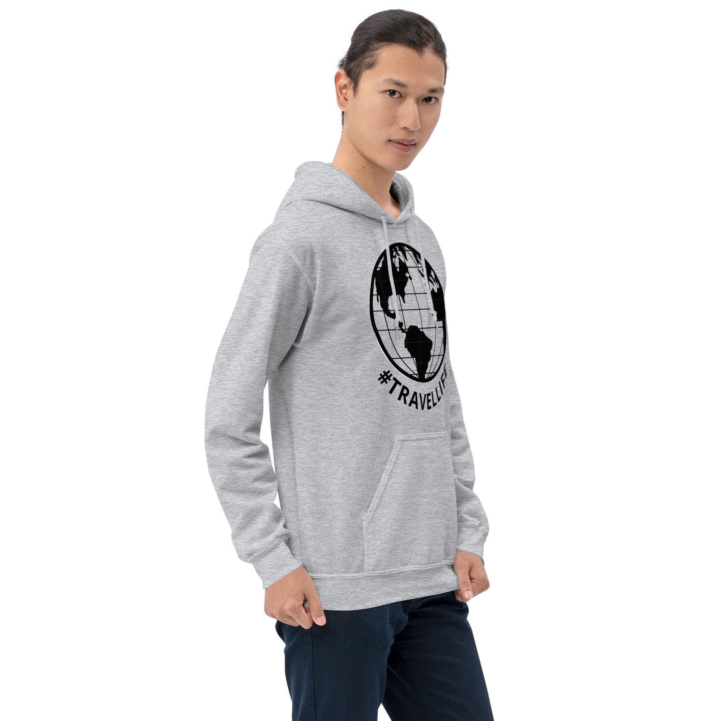 #Travellife Black Text Underneath Black Outlined Globe Unisex Hoodie
