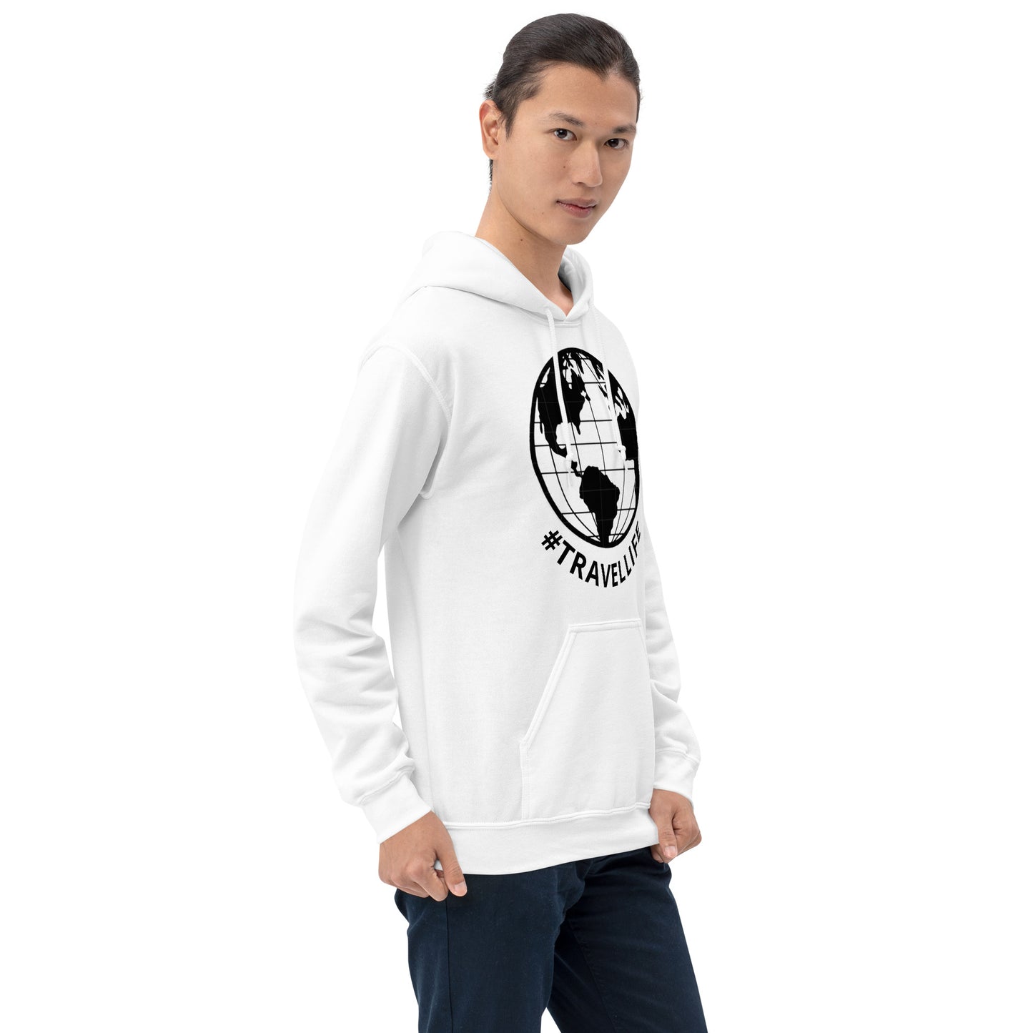 #Travellife Black Text Underneath Black Outlined Globe Unisex Hoodie